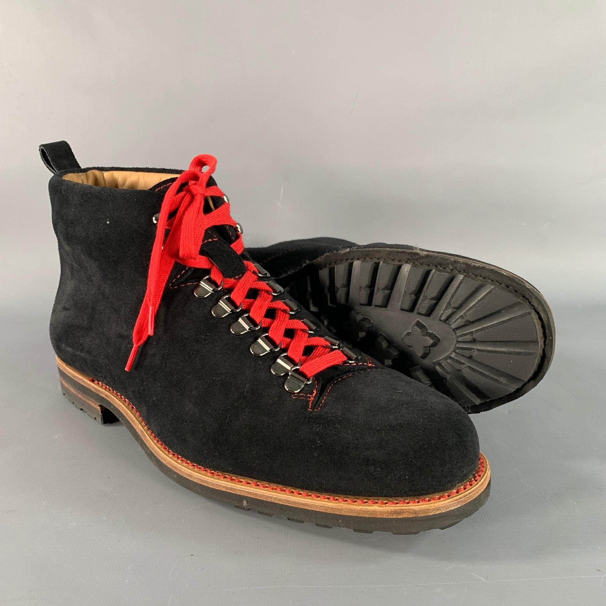 PAUL STUART Taille 12 Bottes à lacets en cuir texturé rouge et noir en vente 1