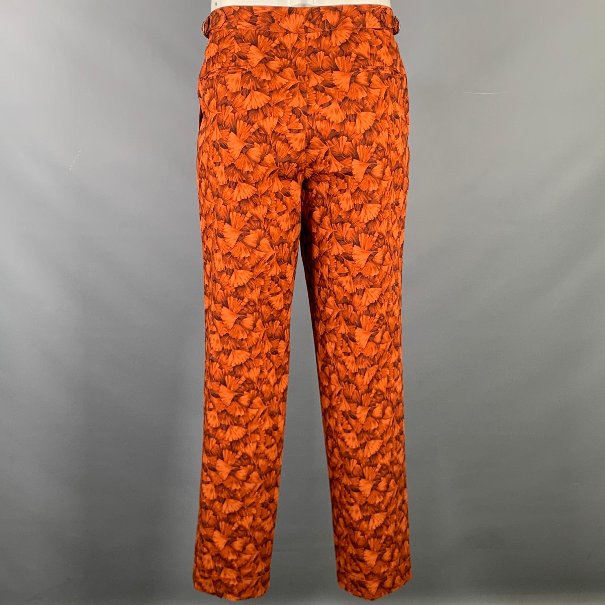 Red PAUL STUART Size 34 Brick Brown Ginkgo Print Cotton  Dress Pants