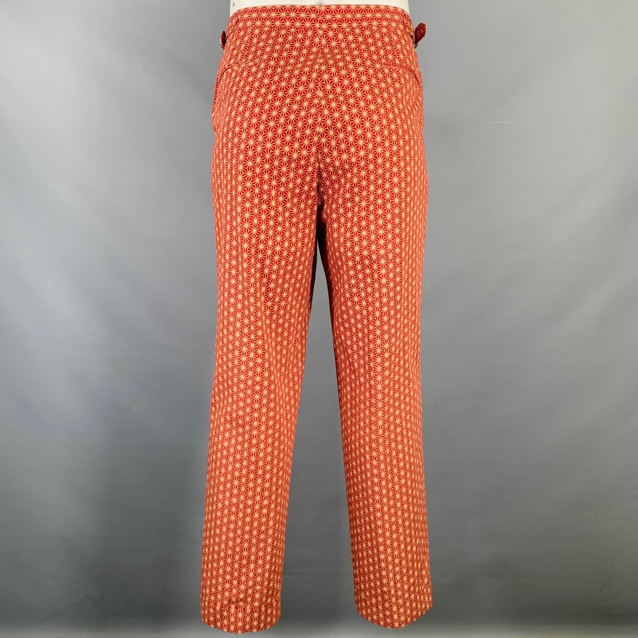 Red PAUL STUART Size 34 Burgundy Beige Geometric Cotton Zip Fly Dress Pants For Sale