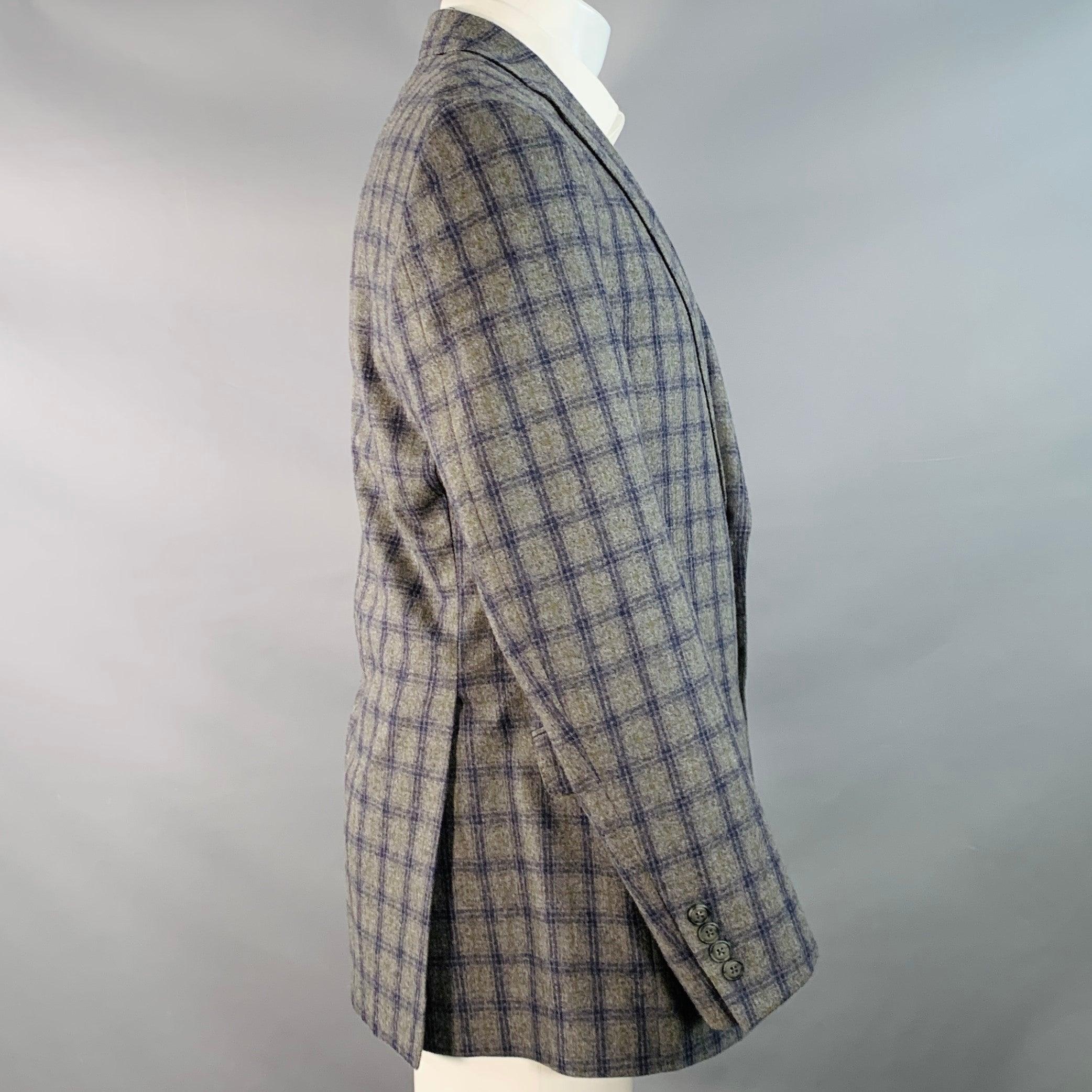 PAUL STUART Size 41 Grey Navy Green Plaid Wool Notch Lapel Sport Coat Gris en venta