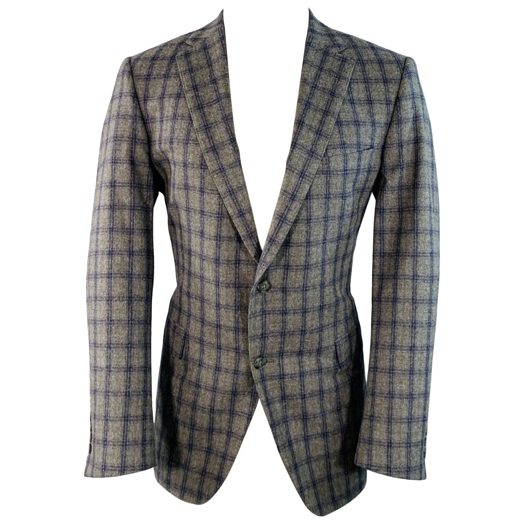 PAUL STUART Size 41 Grey Navy Green Plaid Wool Notch Lapel Sport Coat