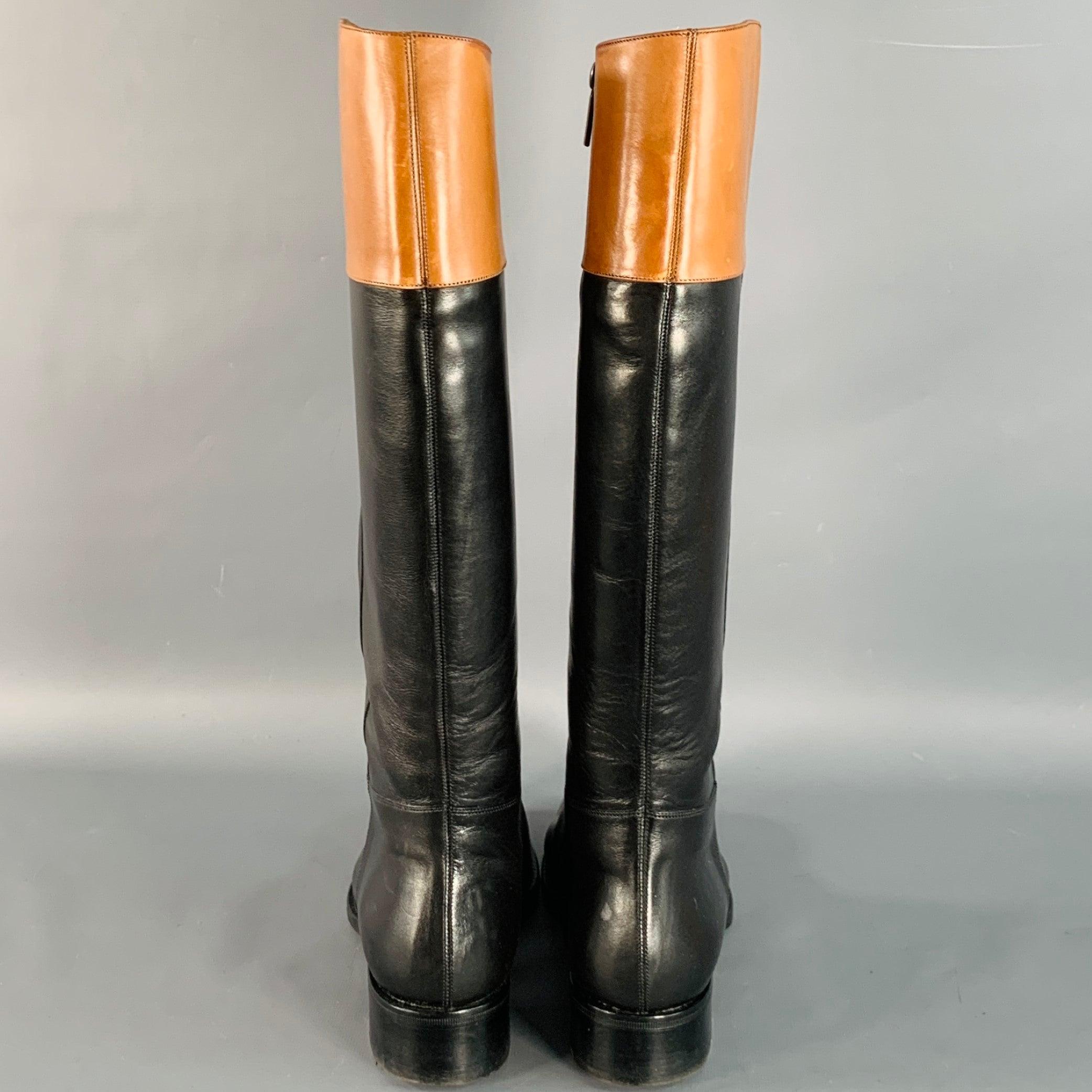 Noir PAUL STUART Taille 7.5 Bottes d'équitation en cuir noir et tan avec fermeture à glissière latérale en vente