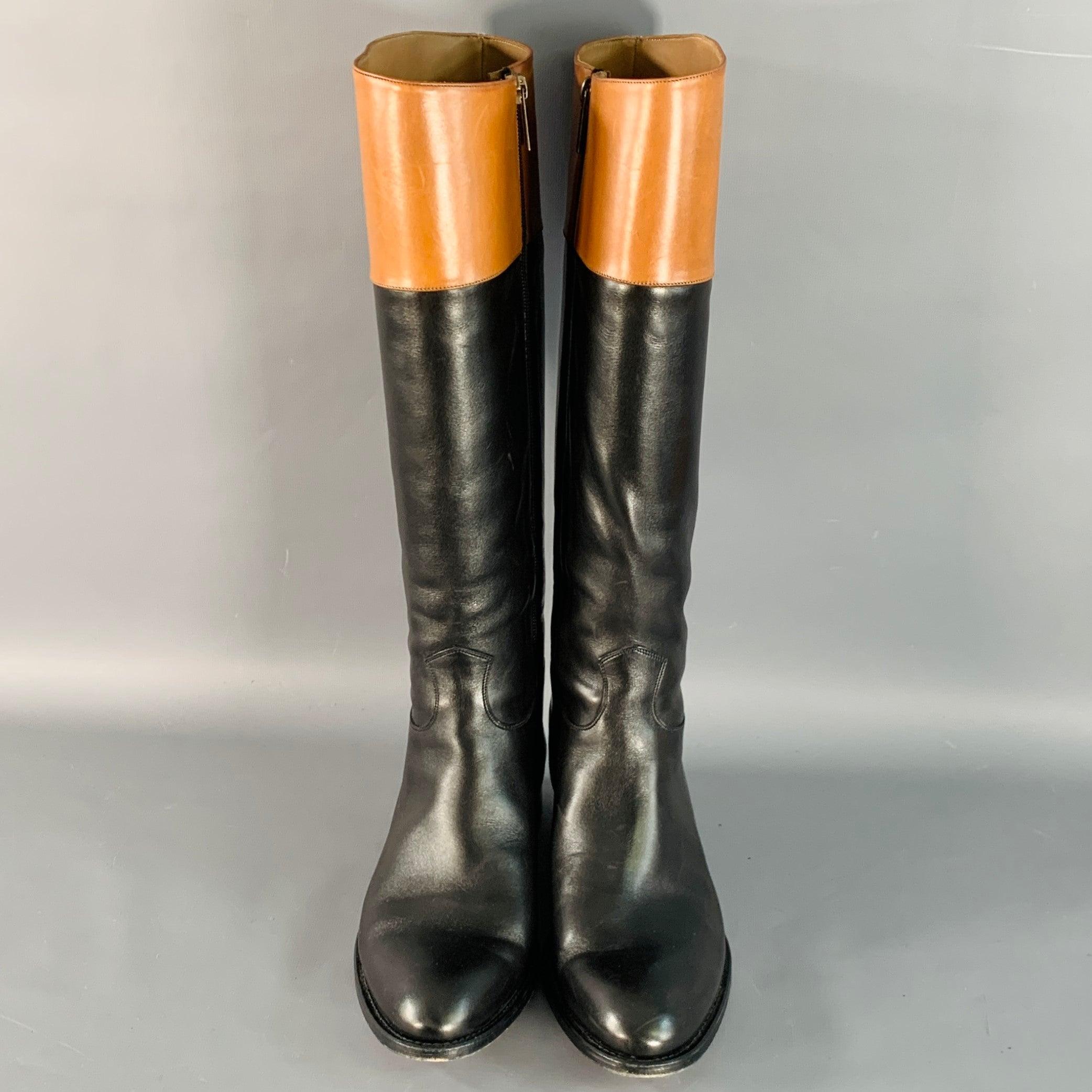 PAUL STUART Taille 7.5 Bottes d'équitation en cuir noir et tan avec fermeture à glissière latérale Bon état - En vente à San Francisco, CA