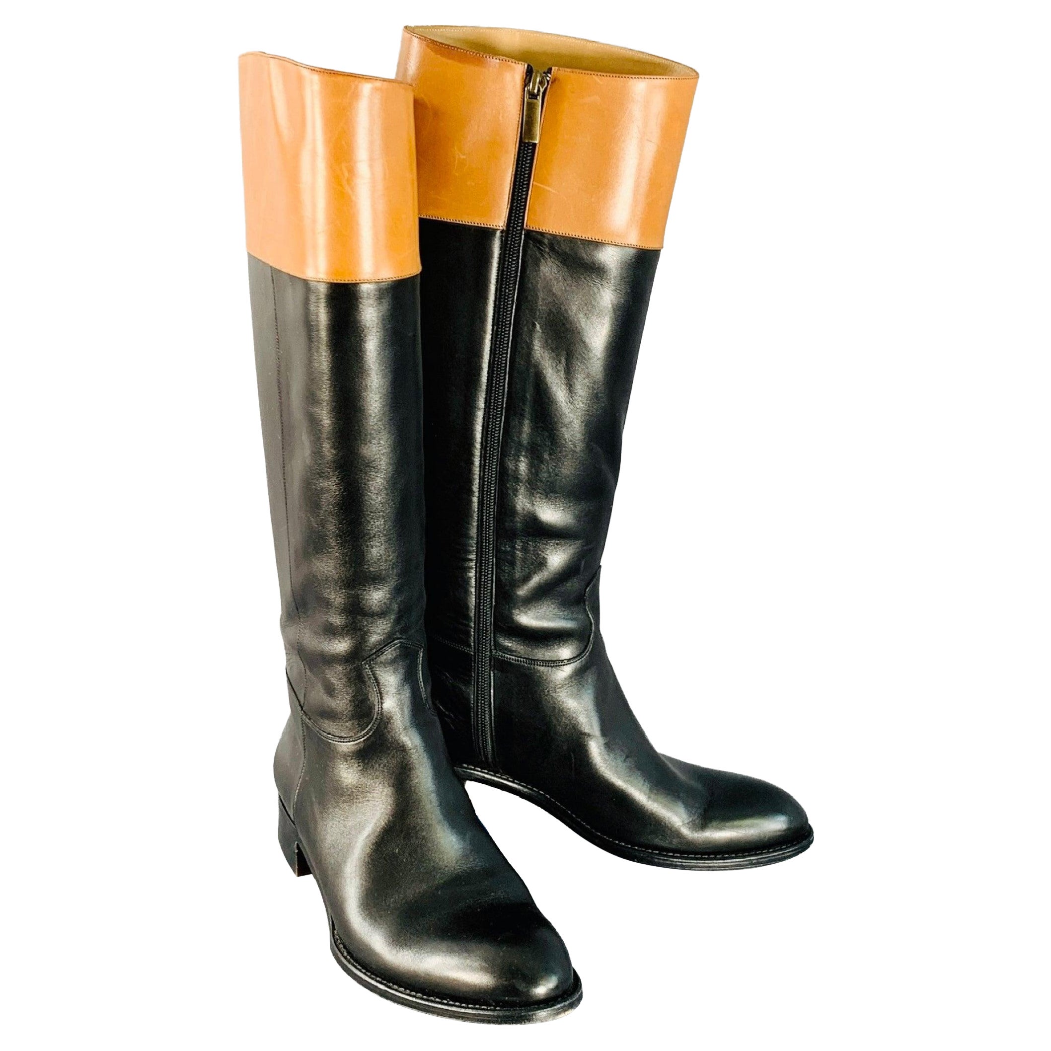 PAUL STUART Taille 7.5 Bottes d'équitation en cuir noir et tan avec fermeture à glissière latérale
