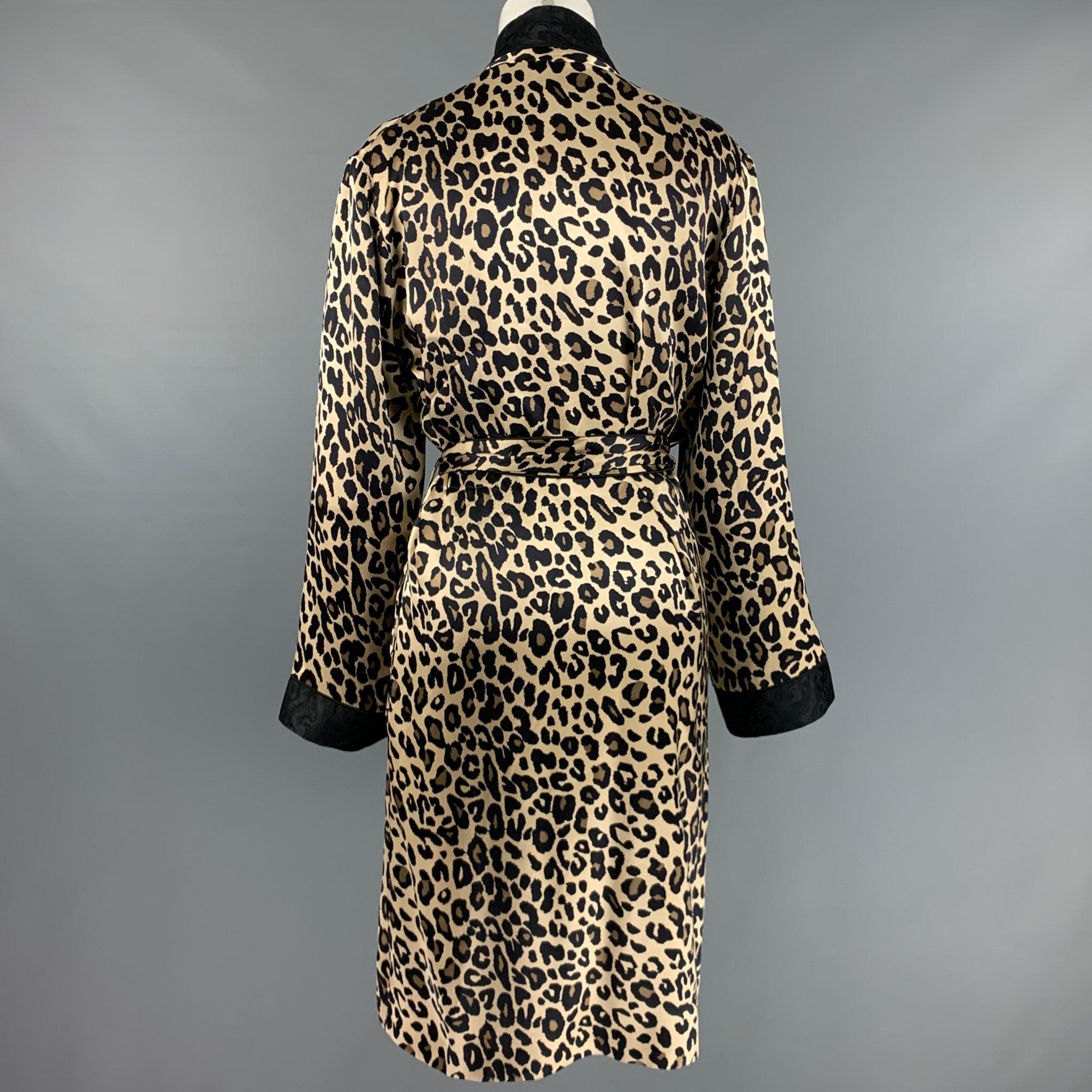 Women's PAUL STUART Size M Black Beige Satin Animal Print Belted Bathrobe For Sale