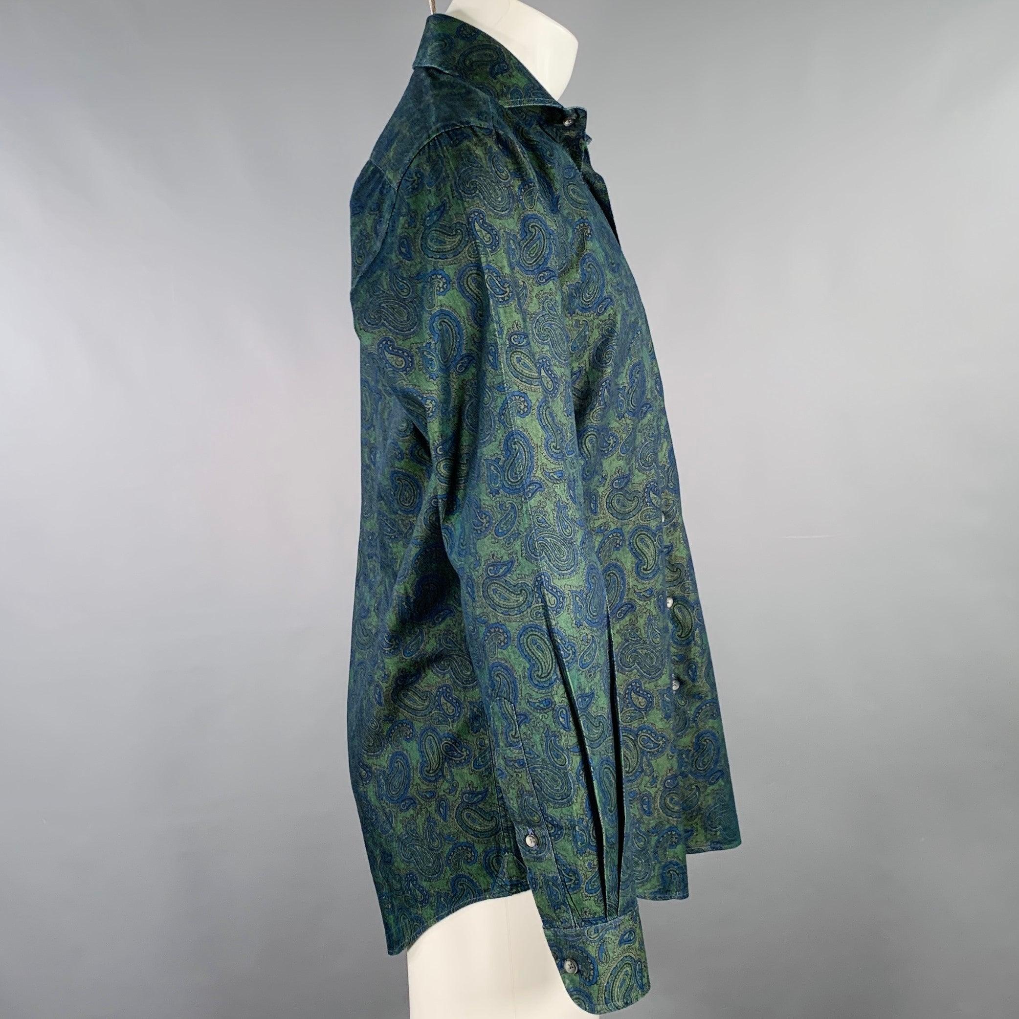 Black PAUL STUART Size M Green Blue Paisley Cotton Spread Collar Long Sleeve Shirt For Sale