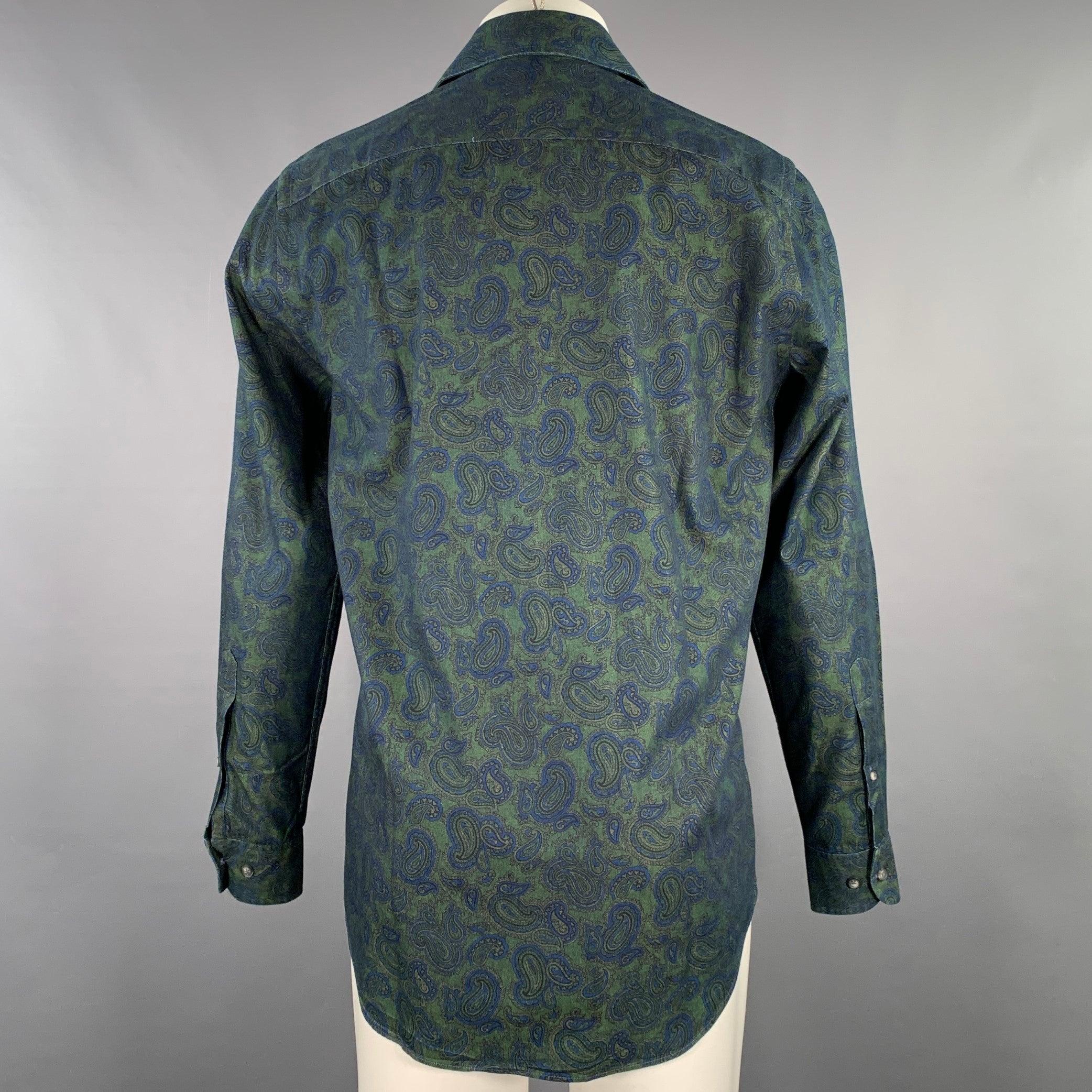 PAUL STUART Size M Green Blue Paisley Cotton Spread Collar Long Sleeve Shirt In Excellent Condition For Sale In San Francisco, CA
