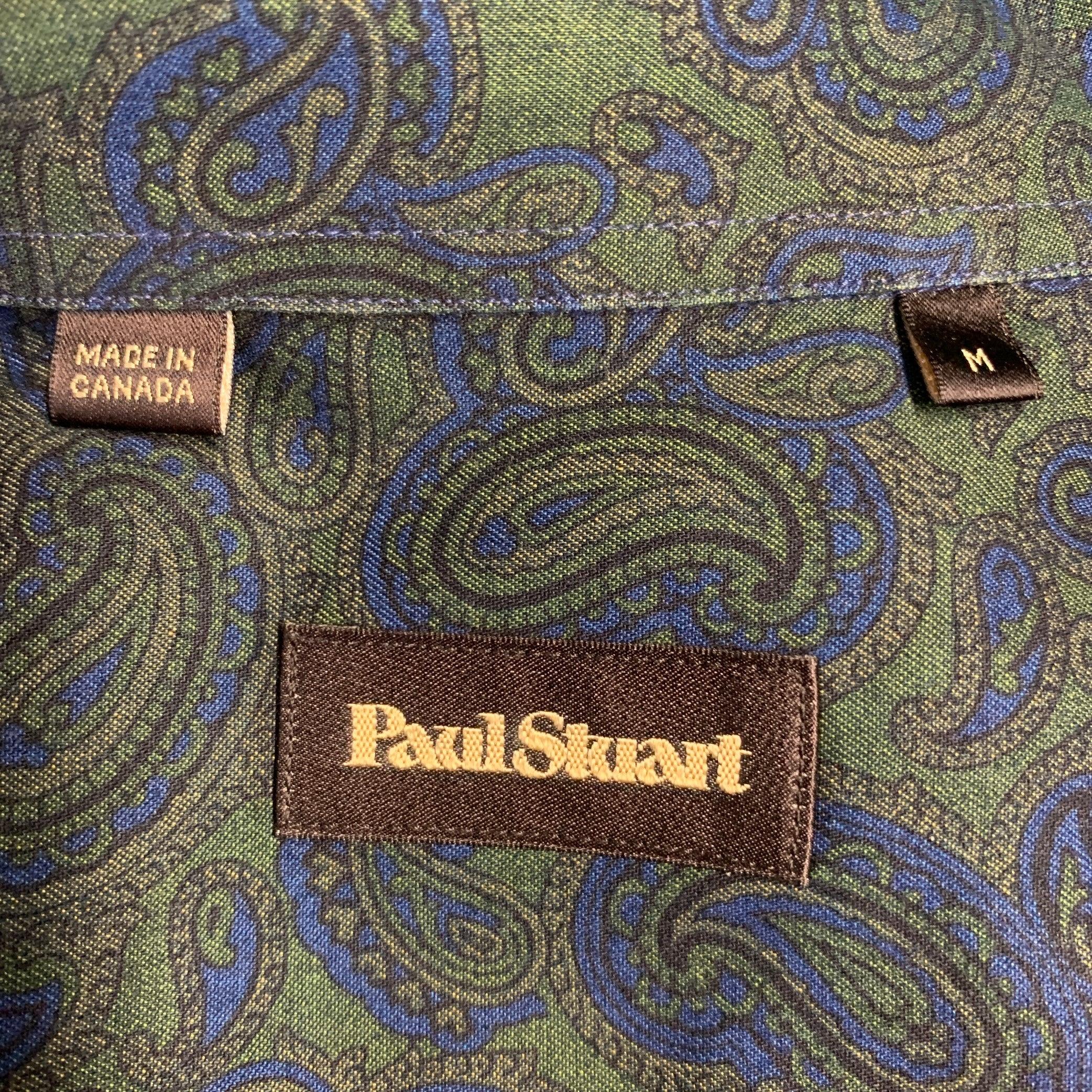 Men's PAUL STUART Size M Green Blue Paisley Cotton Spread Collar Long Sleeve Shirt For Sale