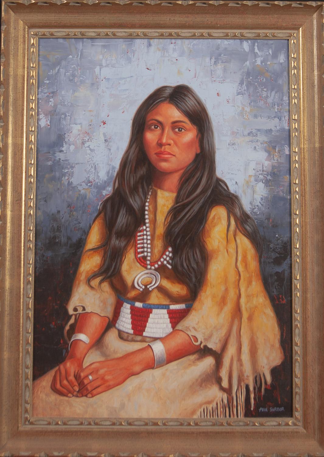       Loti-kee-yah-tede, a Laguna woman who often posed in that same fringed costume and jewelry for photographer Carleton Moon is a Paul Surber acrylic painting on a board in an ornate gold frame from one of those photographs.  Loti-kee-yah-tede,