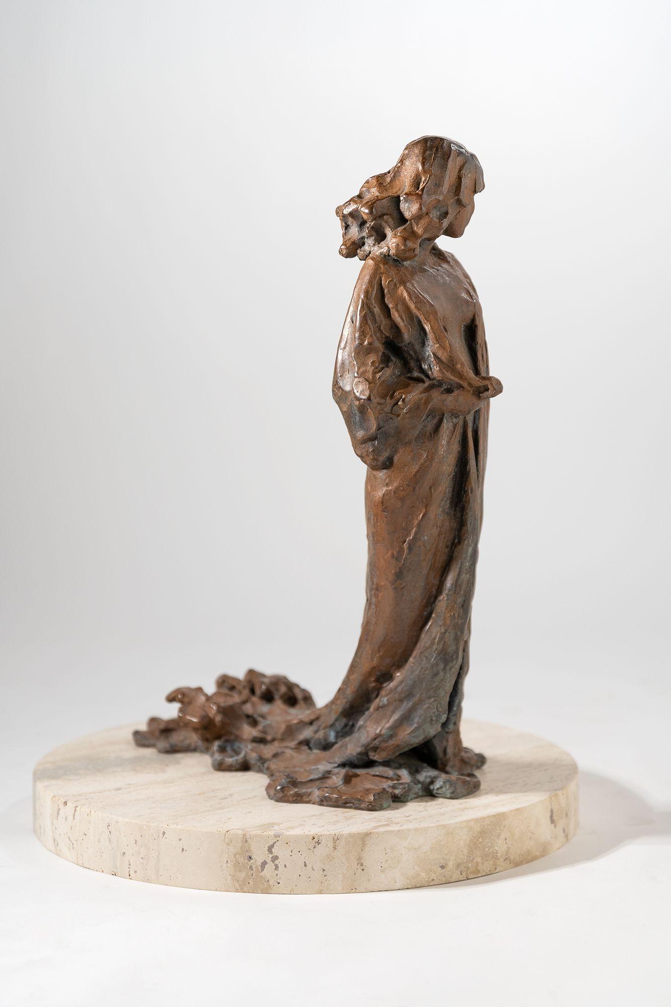 Extraordinary cast bronze Sculpture of a young woman in a flowing gown on a solid travertine base dated 1964. This was from a private collection in Rancho Mirage California.

Paul Suttman was a sculptor best known for Impressionistic figurative