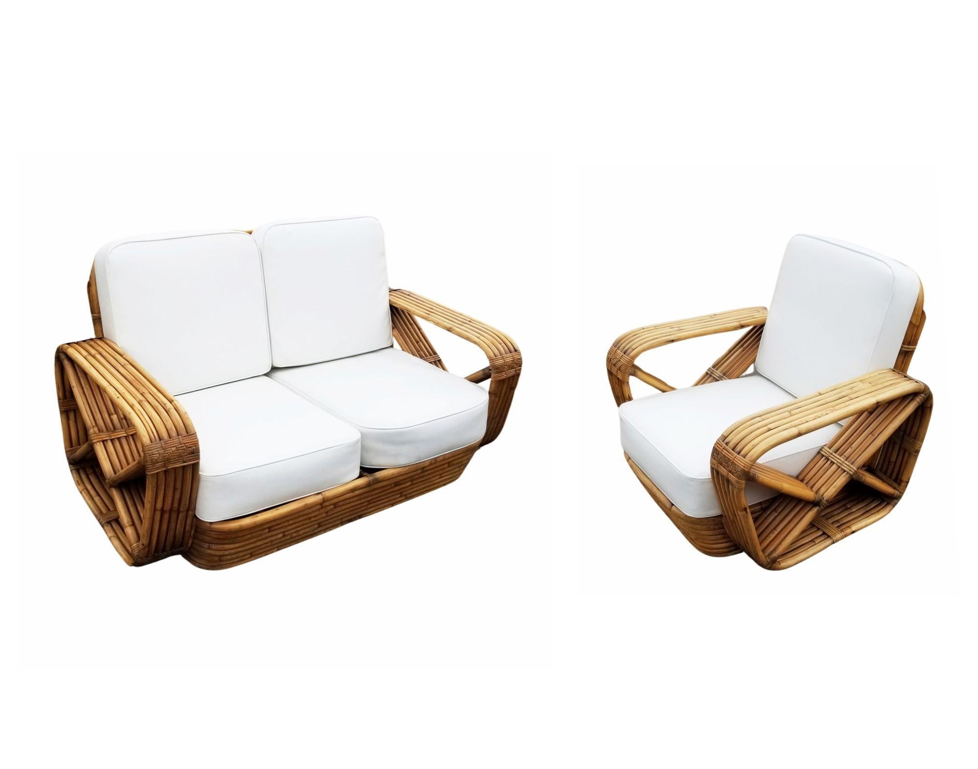 Rare, museum-quality six-strand square pretzel round-back settee and chair set was designed by Paul T. Frankl using the highest-quality rattan poles and reeds available and restored by rattan experts to ensure structural integrity and longevity.