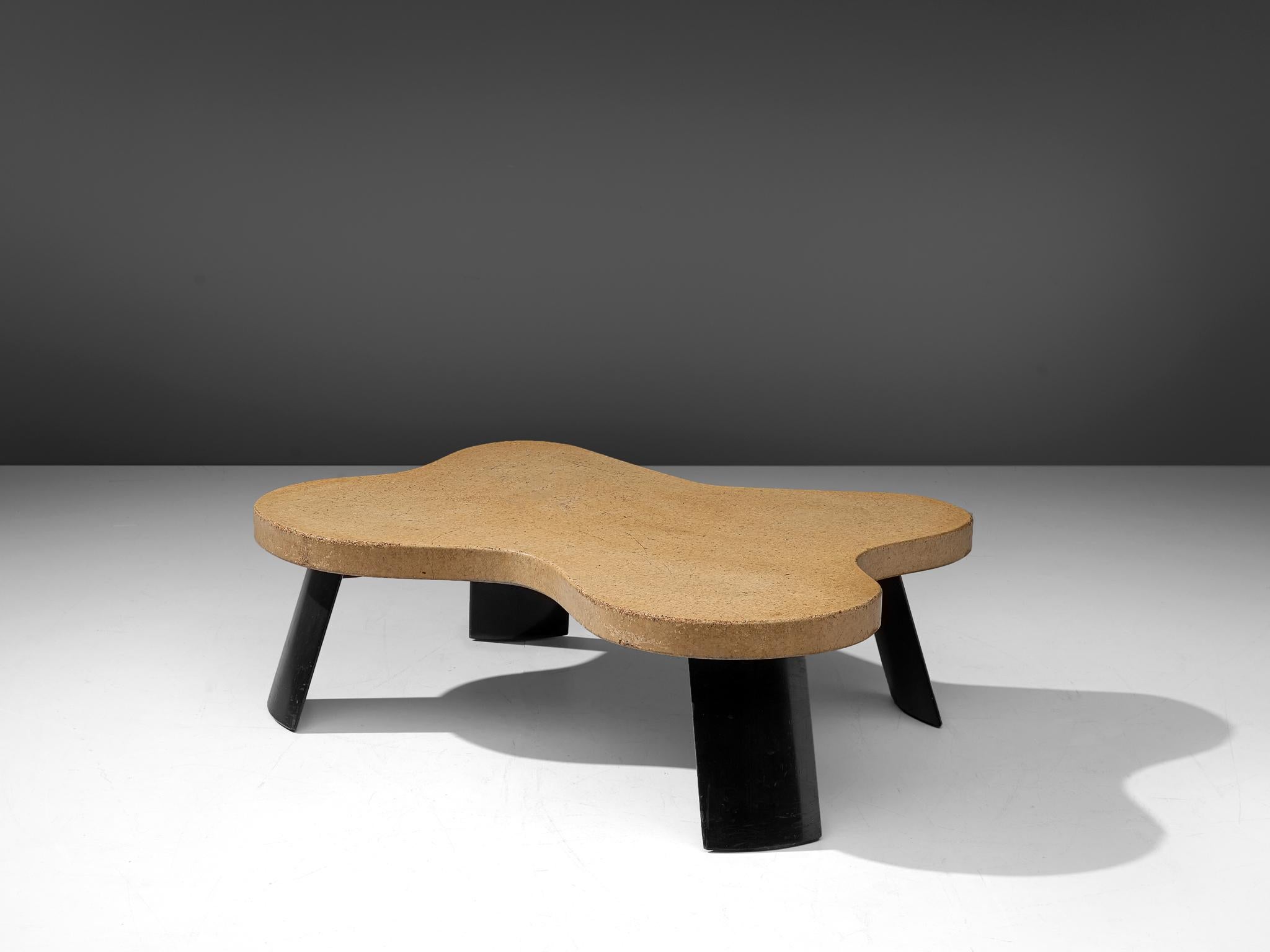Paul T. Frankl for Johnson Furniture Company, cocktail table model no. 5005, bleached cork and mahogany, United States, circa 1951.

A freeform coffee table executed with a bleached cork tale top and mahogany legs that are slightly curved. In 1949