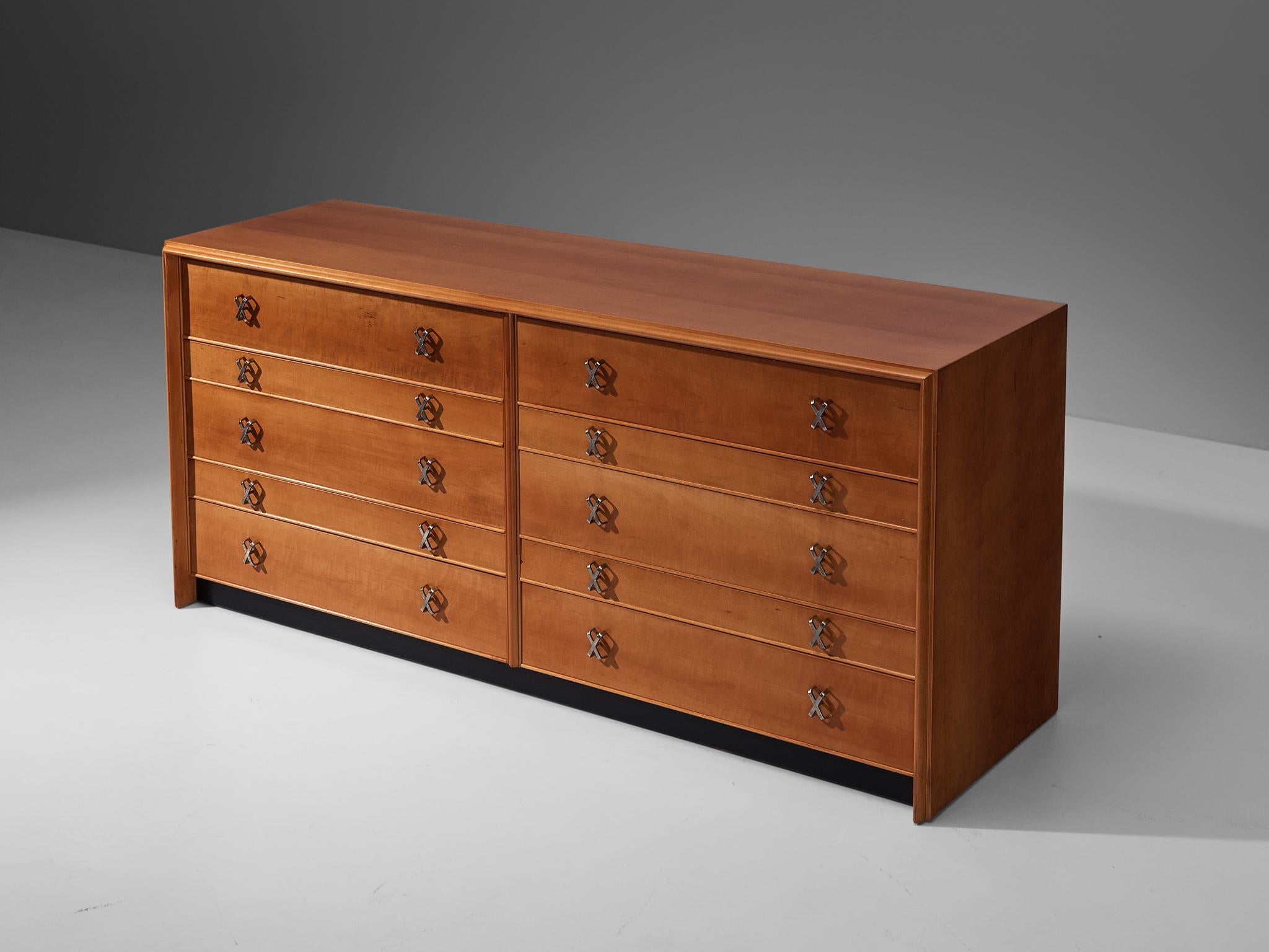 Paul T. Frankl for Johnson Furniture Company, 'Emissary' chest of drawers, cherry, nickel-plated brass, United States, 1960s

This double dresser is part of the 'Emissary' series designed by Austrian furniture designer and architect Paul T. Frankl
