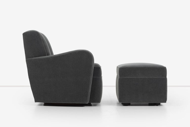 Paul T. Frankl Swivel lounge chairs and ottoman, 1948, Split-Back with emphasized arms, a signature aspect of Frankl Designs. Reupholstered in Mohair
 
Measures: Ottoman
H:18