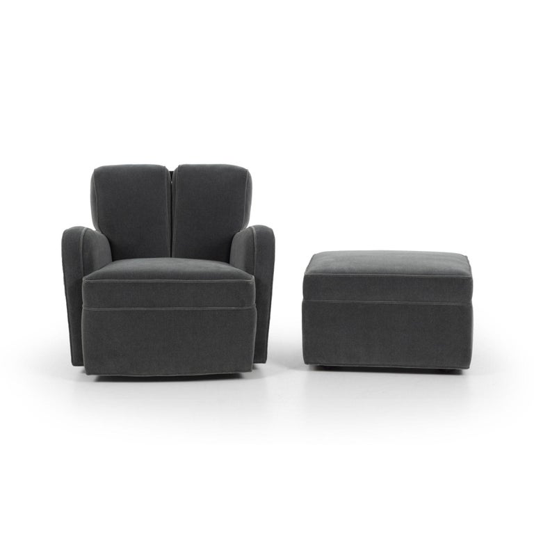 Mohair Paul T. Frankl Swivel Lounge Chairs and Ottoman For Sale