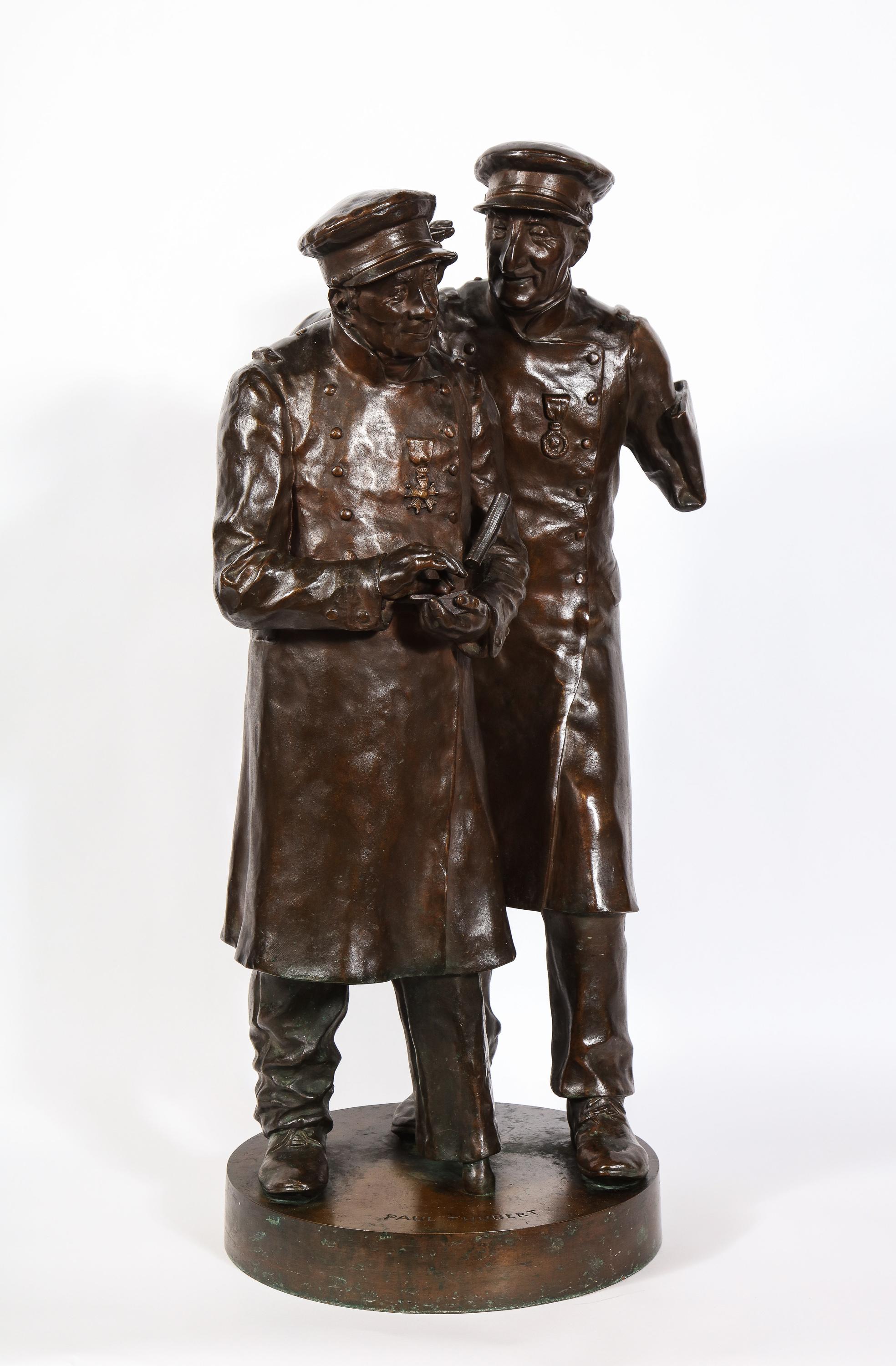 Paul Thubert 
(English, 19th Century) 

A large patinated bronze sculpture statue of two war veterans with uniforms and badges. Each with amputation injuries. One with an amputated arm, the other with an amputated leg. 

Very unusual bronze