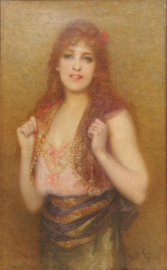 Paul TILLIER, portrait de femme aux cheveux rouges avec un boléro, peinture française 19e