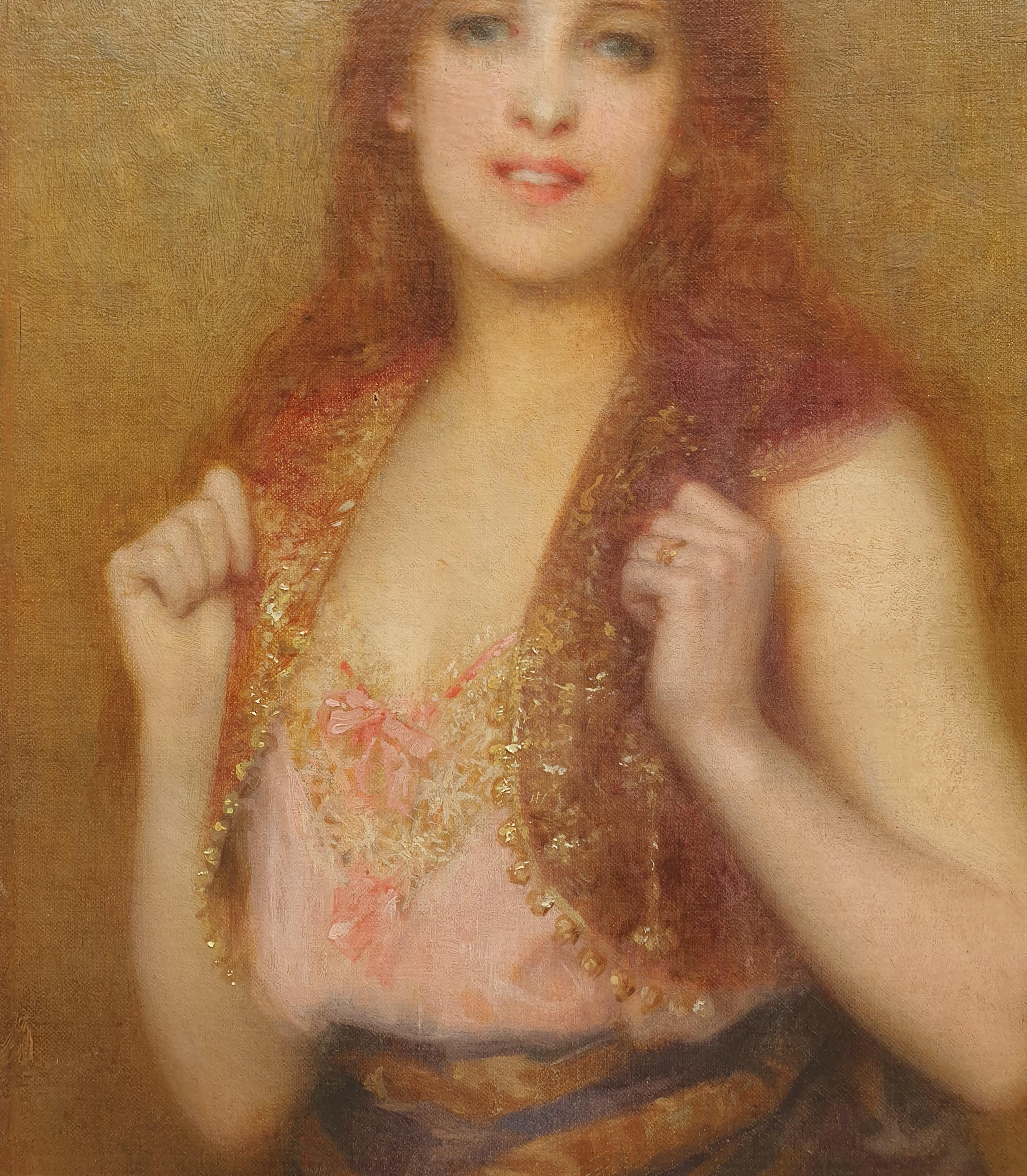 Paul TILLIER Portrait Red hair woman with a bolero French painting 19th - Brown Portrait Painting by Paul Tillier