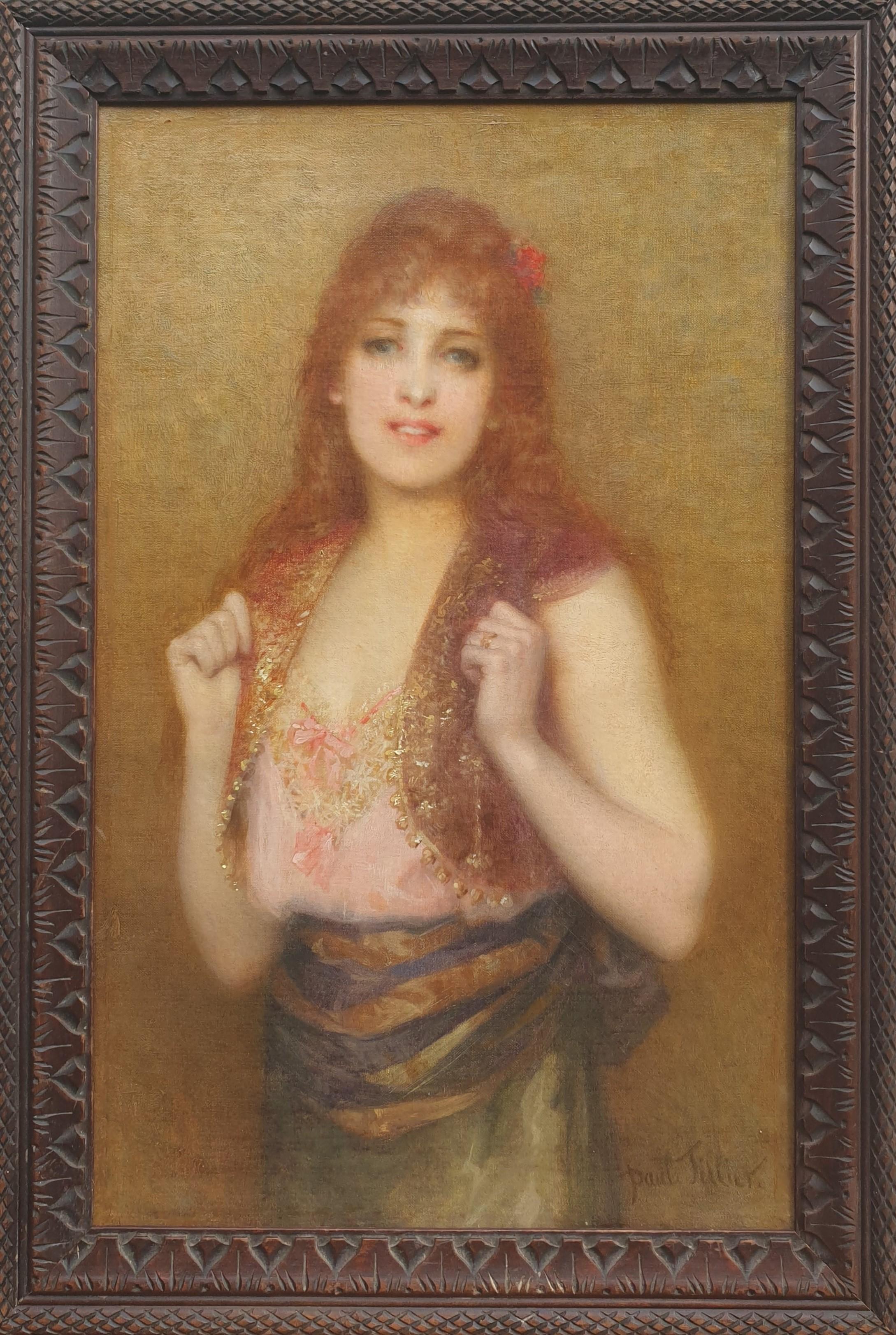 Paul TILLIER Portrait Red hair woman with a bolero French painting 19th - Painting by Paul Tillier
