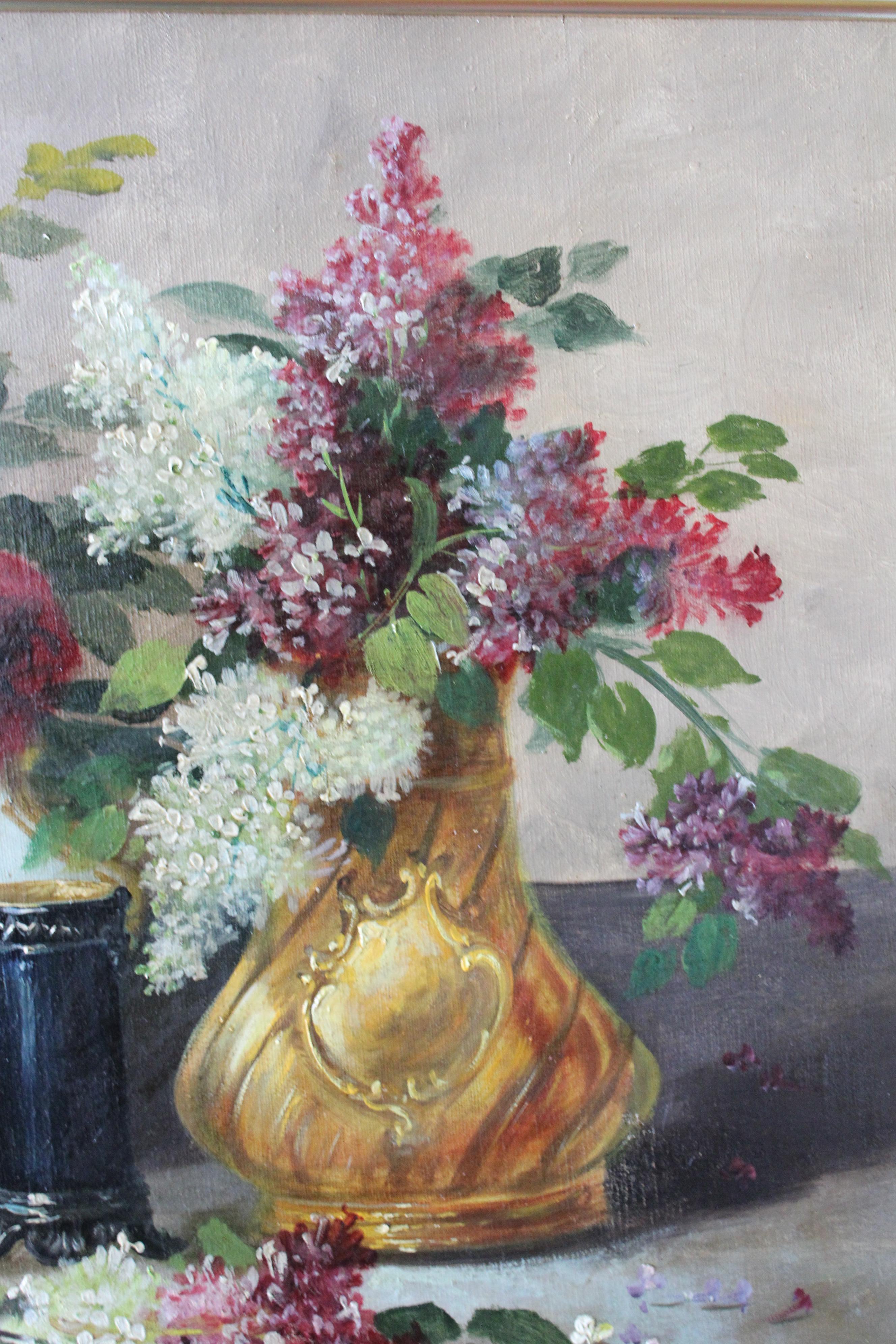 Large French Floral Still Life 19th century framed oil painting, roses and lilac 4