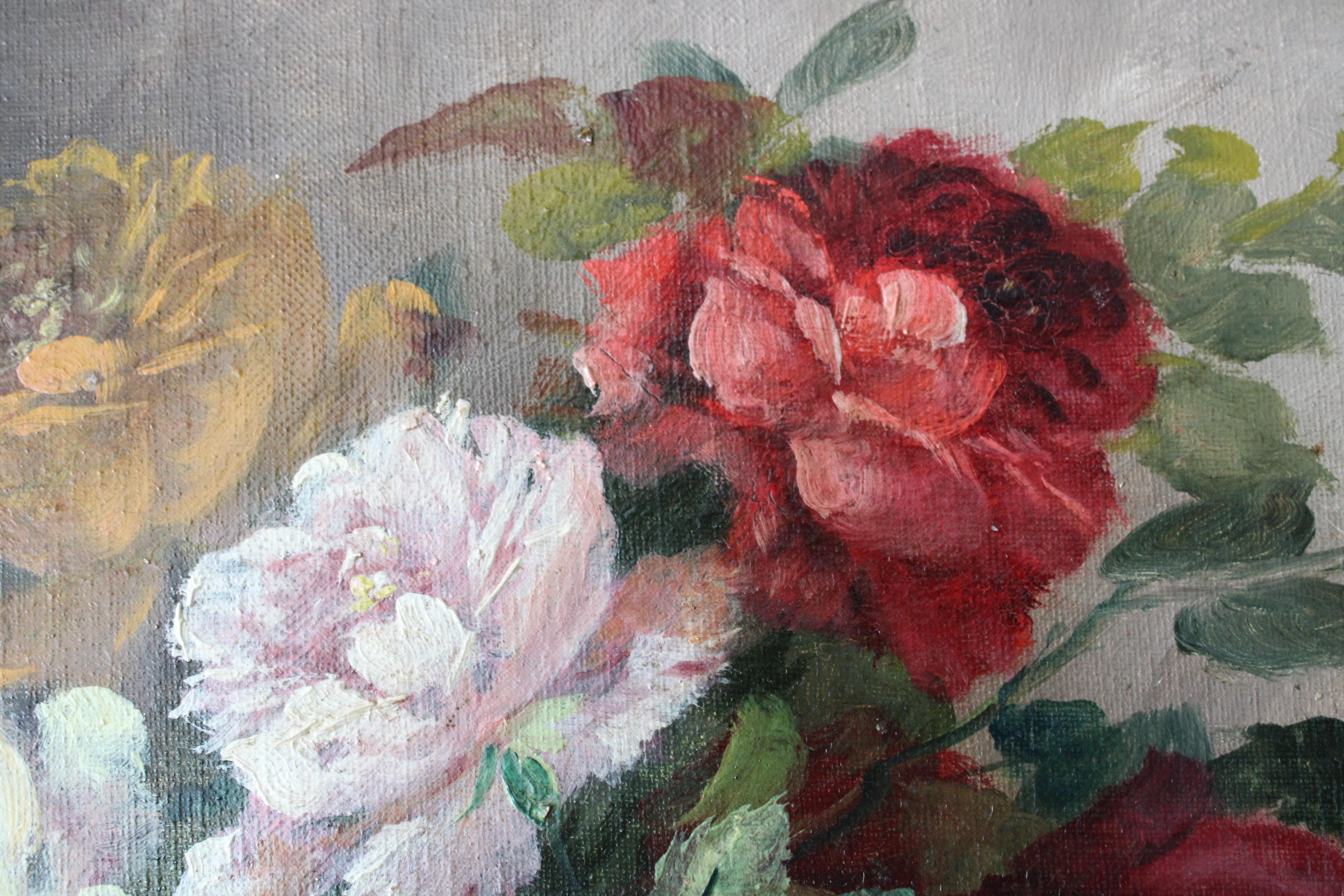 Large French Floral Still Life 19th century framed oil painting, roses and lilac 5
