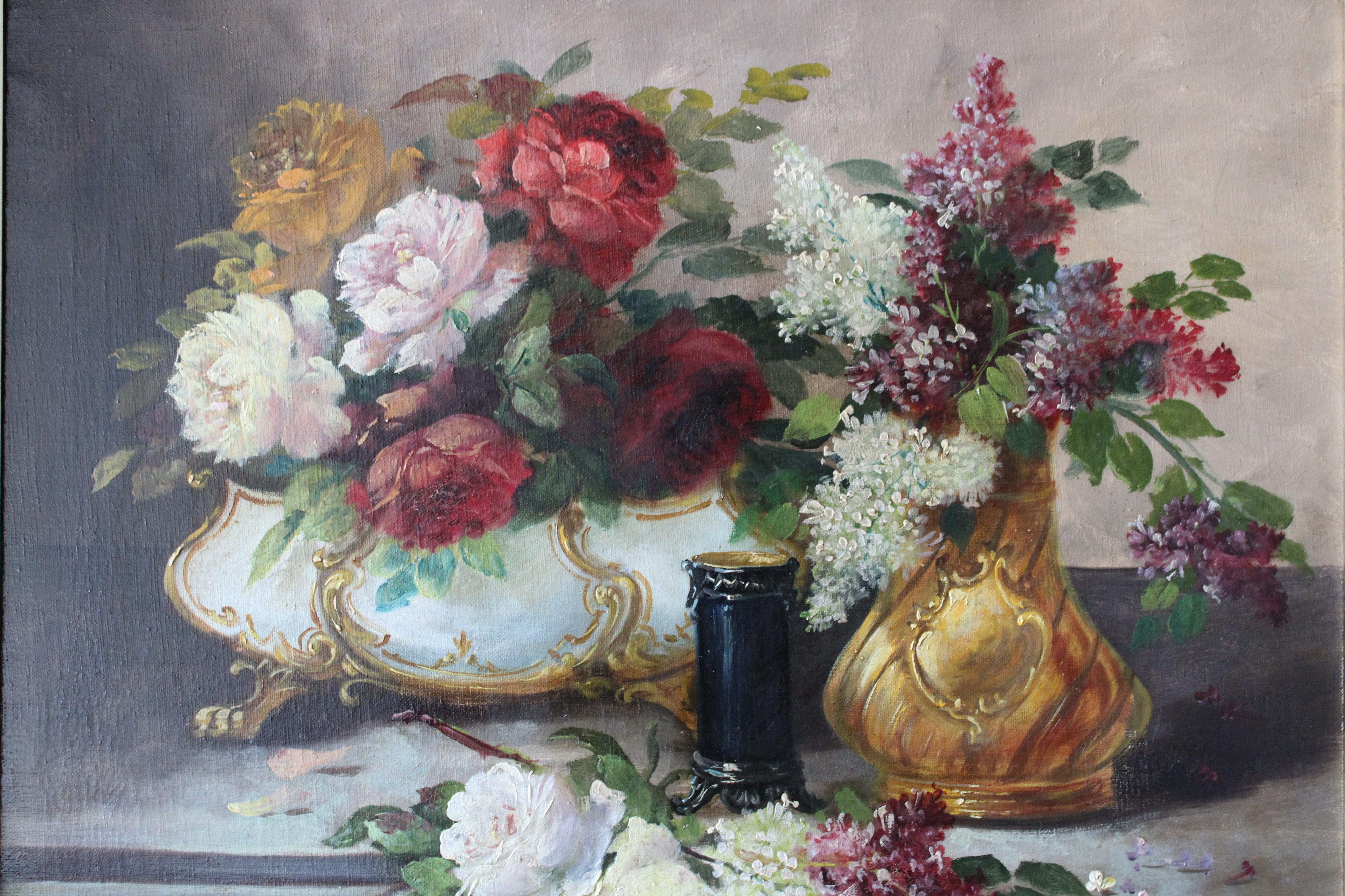 Large French Floral Still Life 19th century framed oil painting, roses and lilac 6