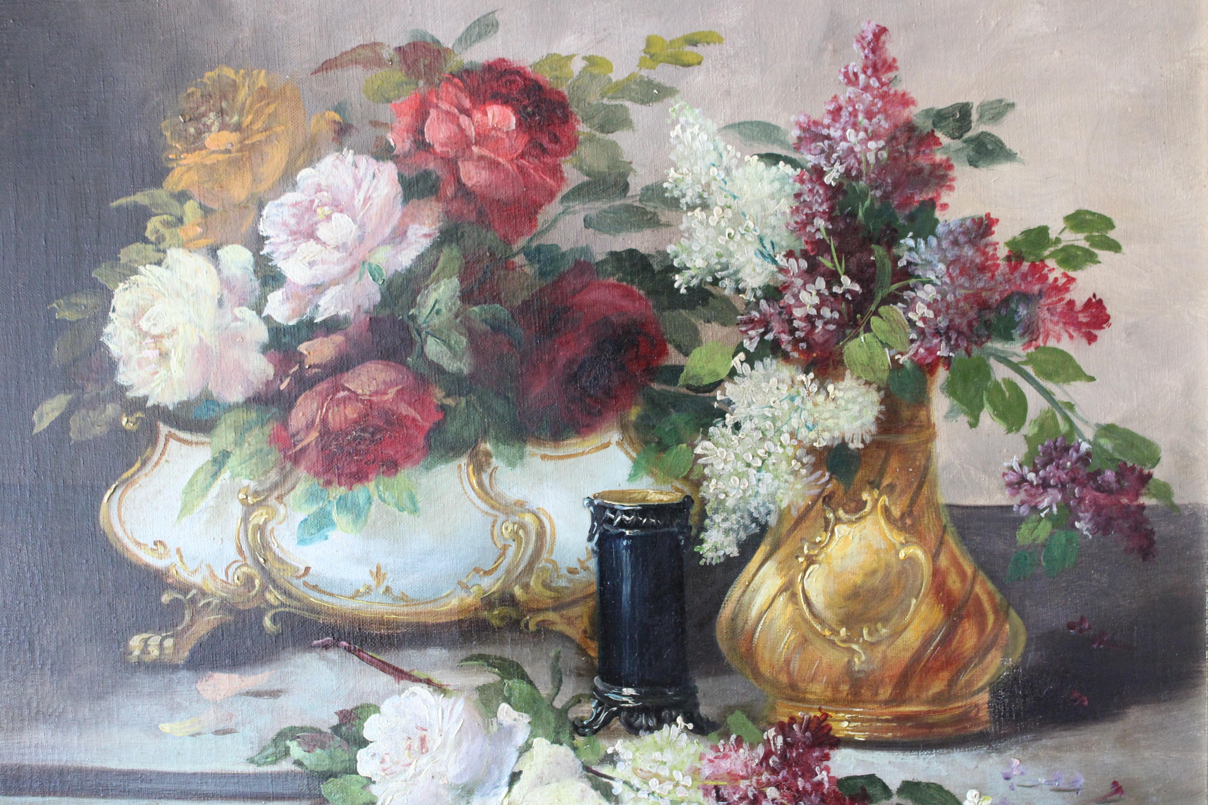 Large French Floral Still Life 19th century framed oil painting, roses and lilac 7
