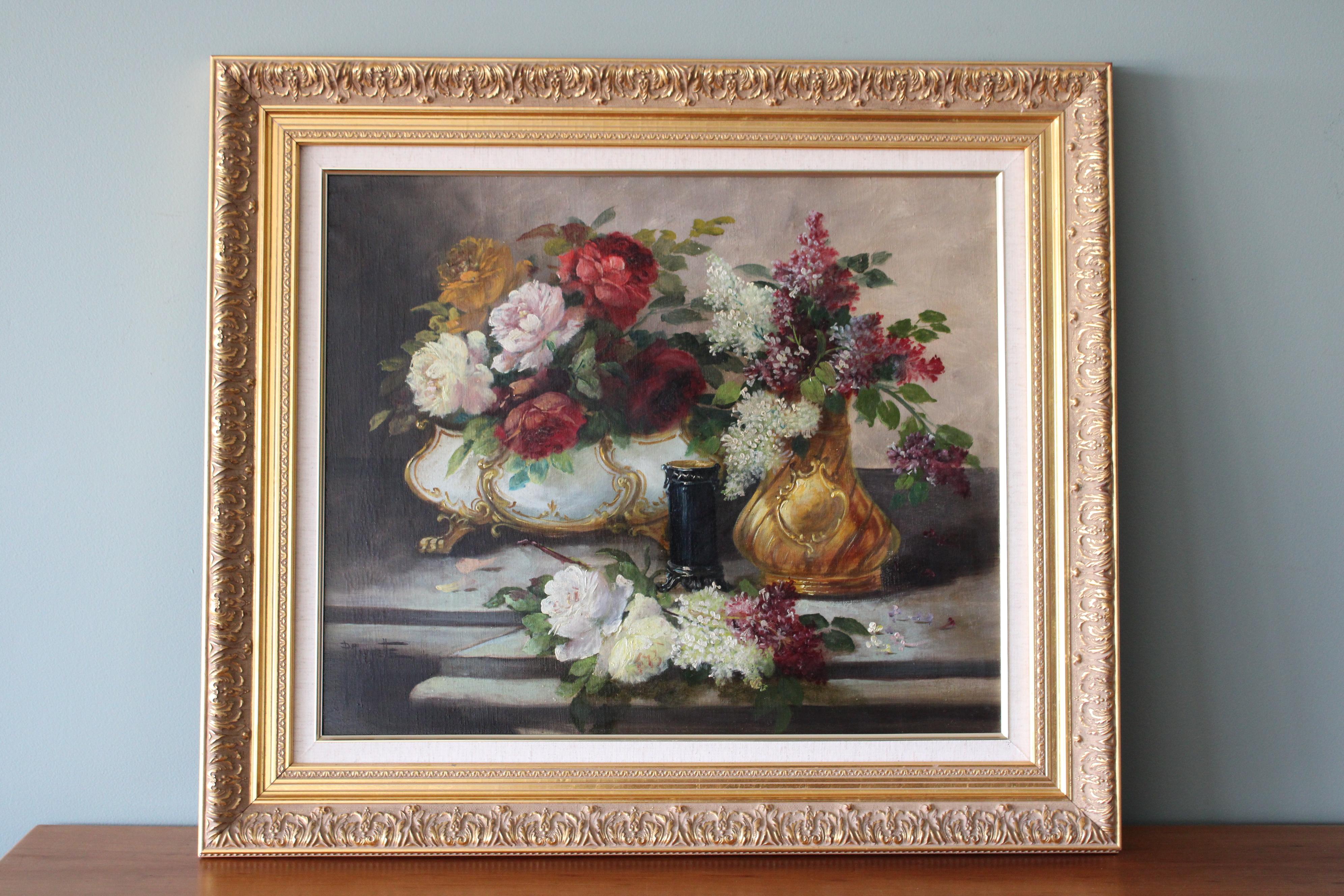 Large French Floral Still Life 19th century framed oil painting, roses and lilac - Painting by Paul Tourrette