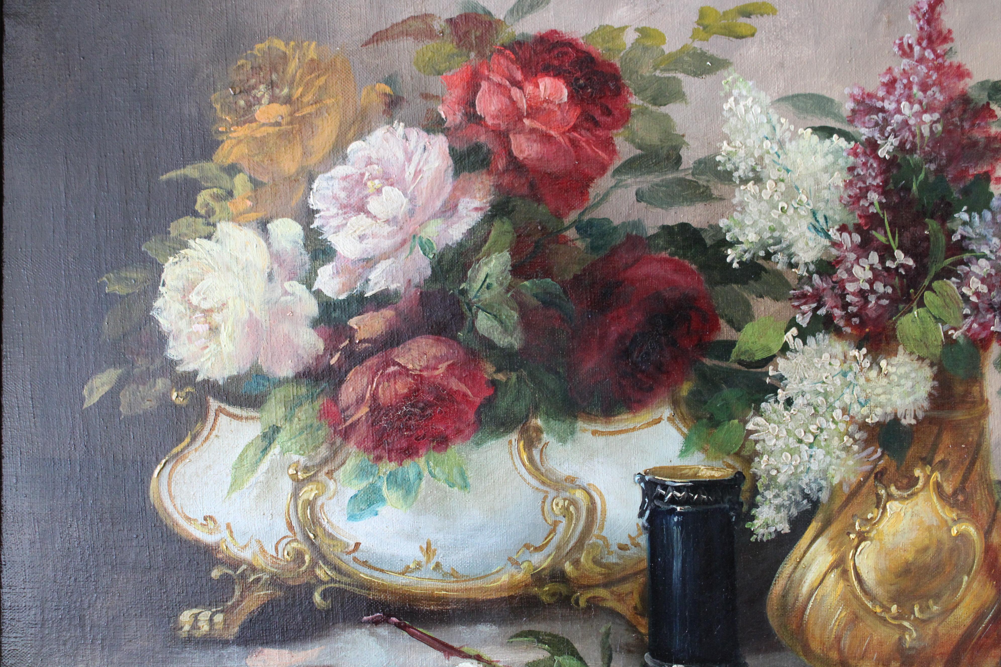 Large French Floral Still Life 19th century framed oil painting, roses and lilac - French School Painting by Paul Tourrette