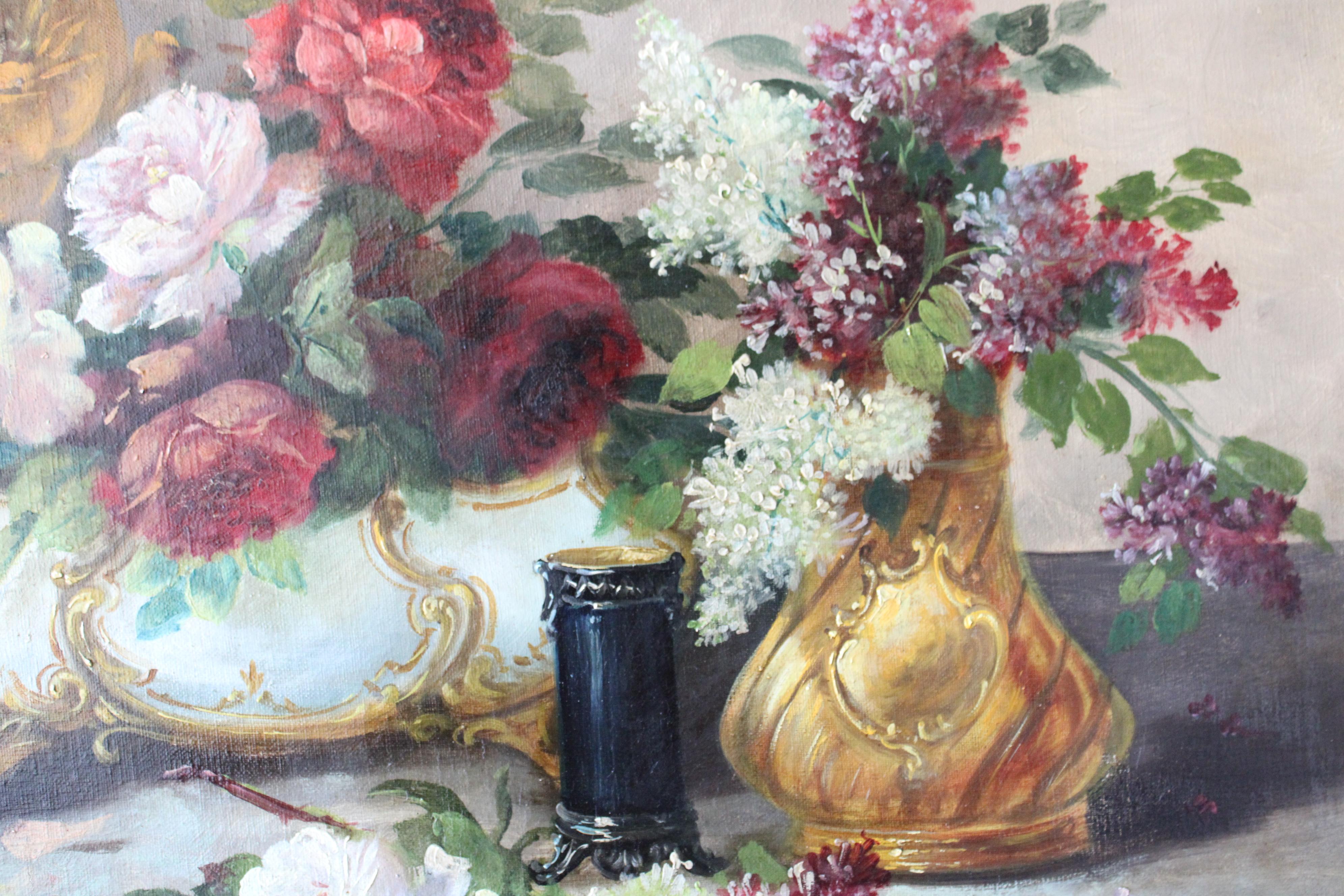 Large French Floral Still Life 19th century framed oil painting, roses and lilac - Brown Still-Life Painting by Paul Tourrette