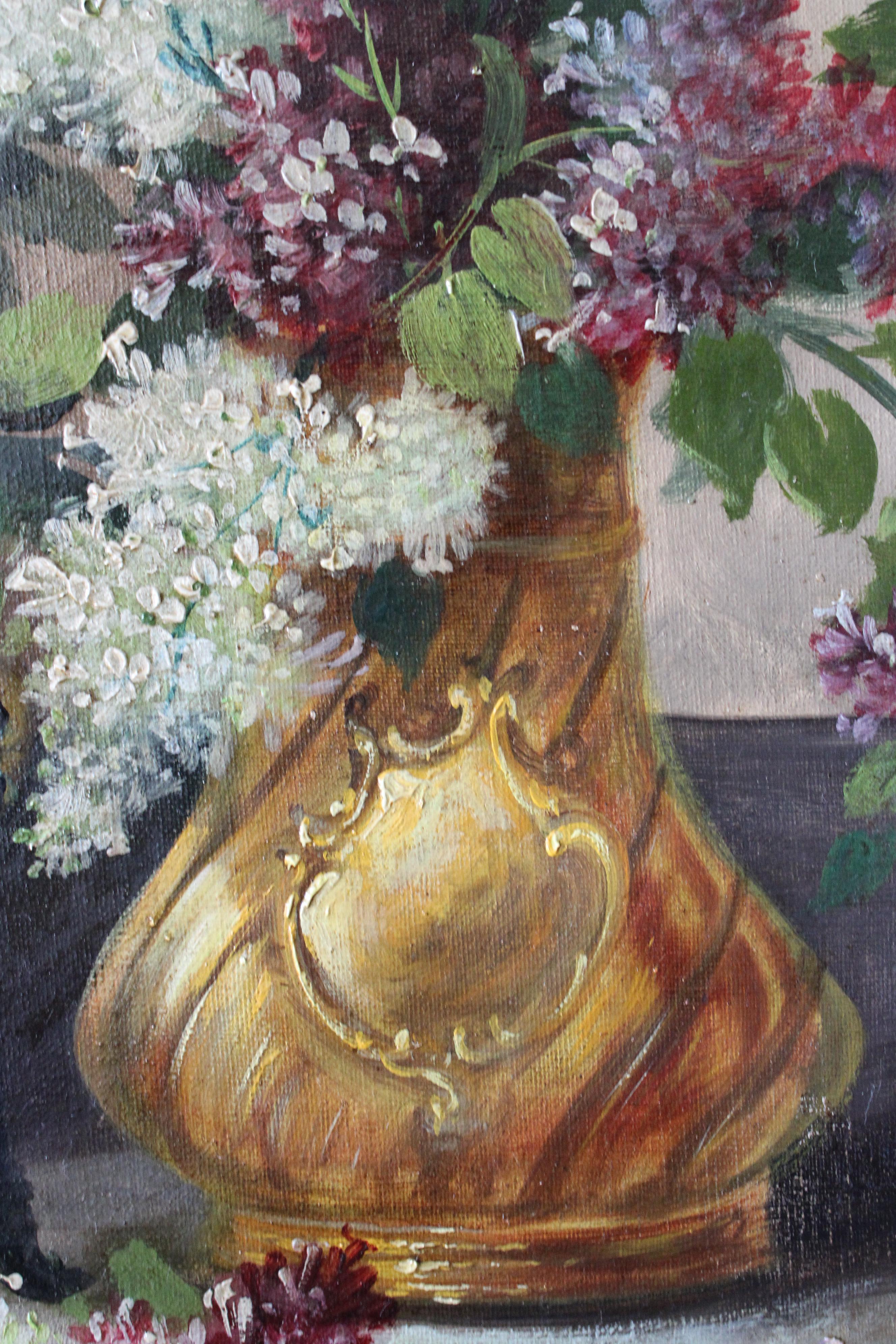 Large French Floral Still Life 19th century framed oil painting, roses and lilac 2