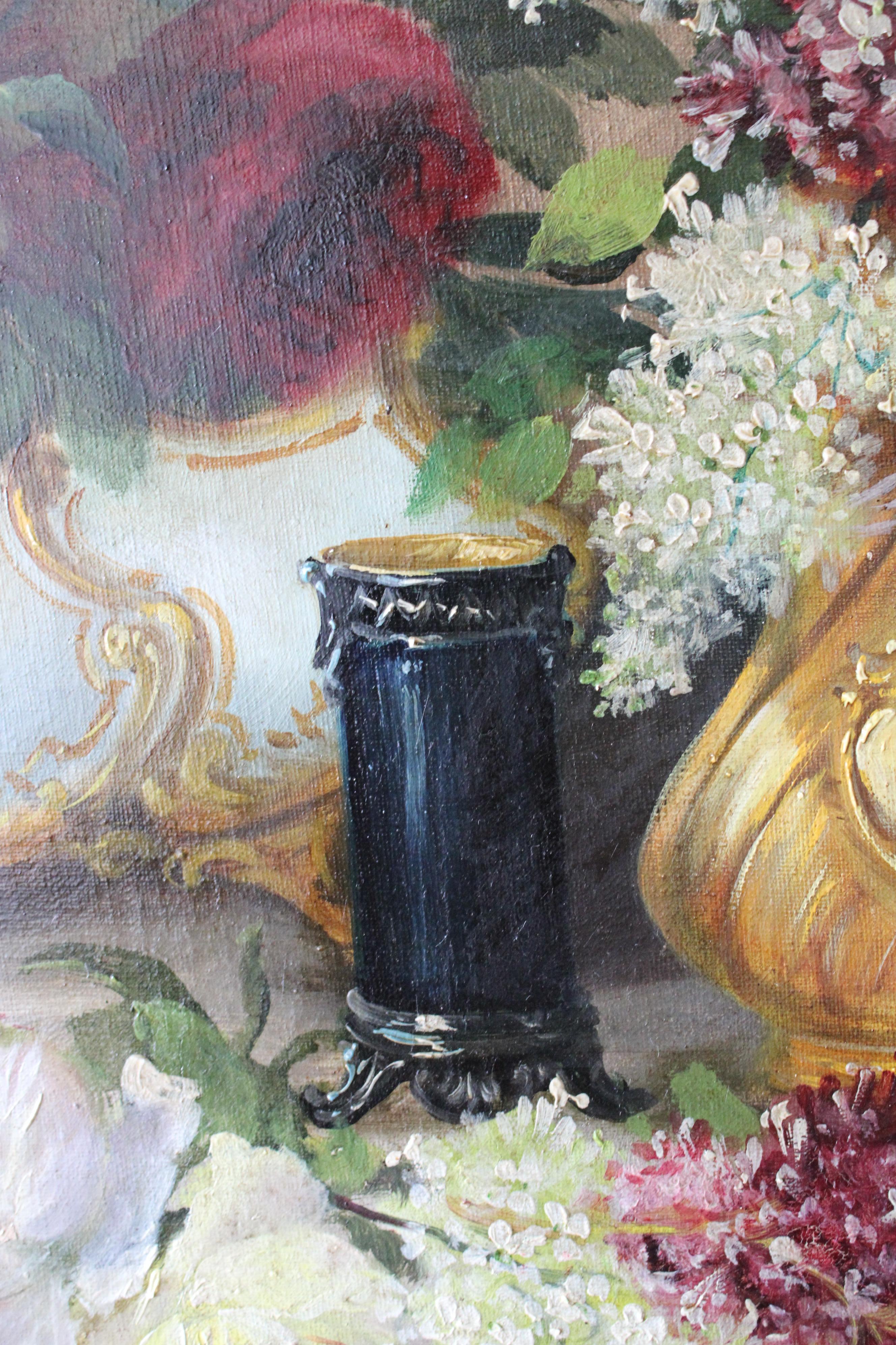 Large French Floral Still Life 19th century framed oil painting, roses and lilac 3