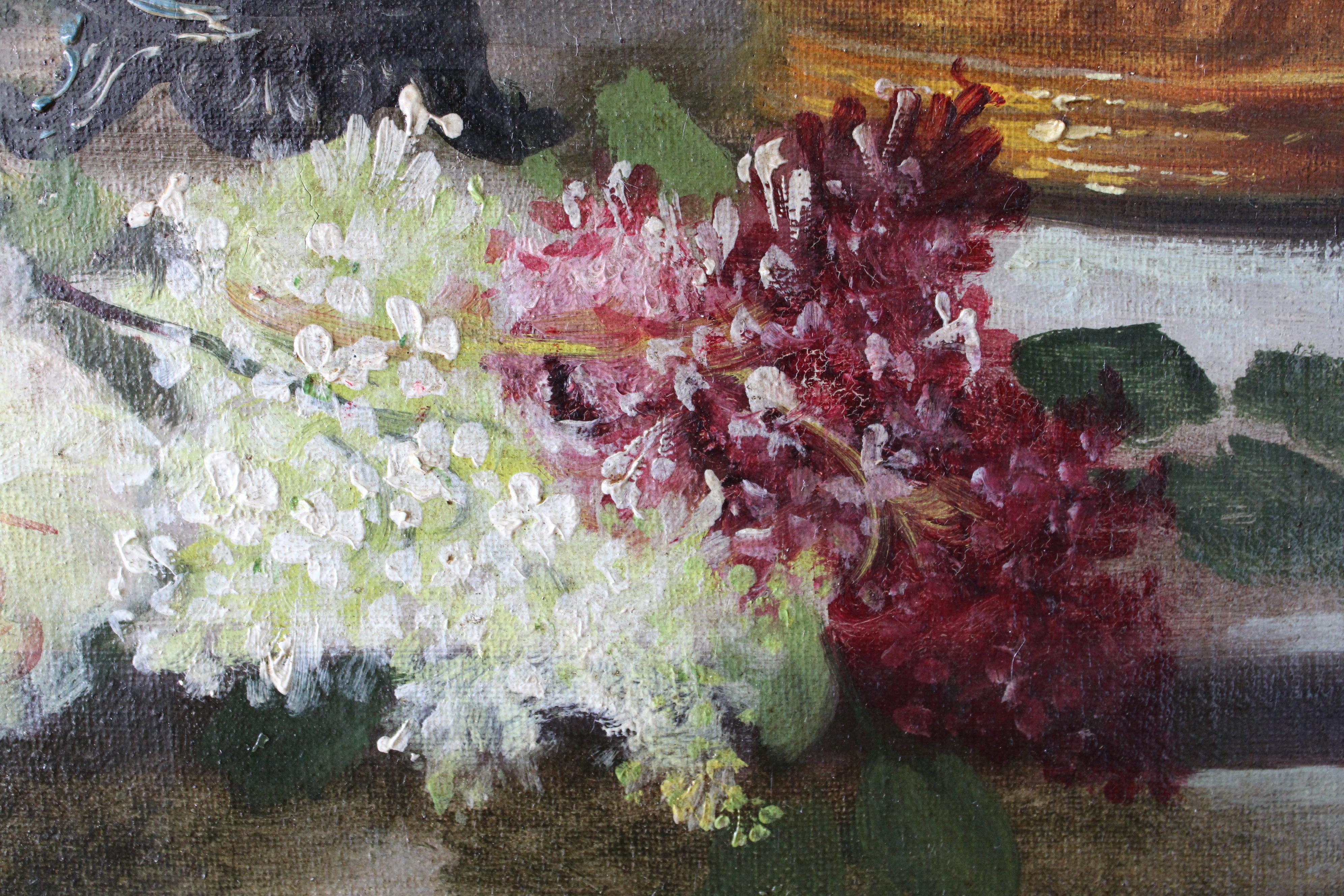 Large French Floral Still Life 19th century framed oil painting, roses and lilac 1