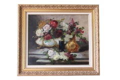 Large French Floral Still Life 19th century framed oil painting, roses and lilac