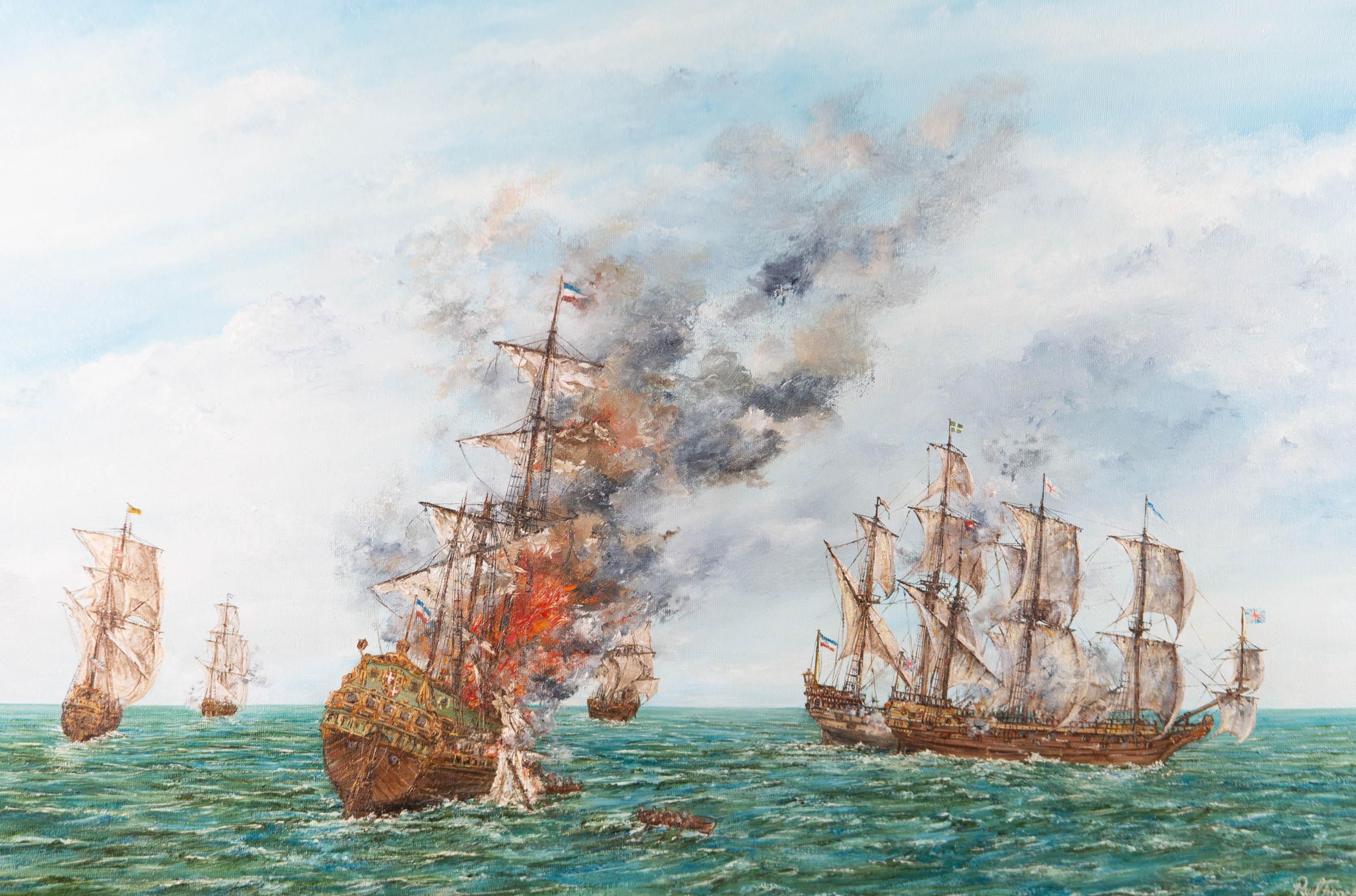Bright blues and deep green oils render a terrific study of a naval battle between France and England, most likely from the battle of Trafalgar. The artwork is signed in the bottom right and inscribed on the reverse. Well presented in a molded and