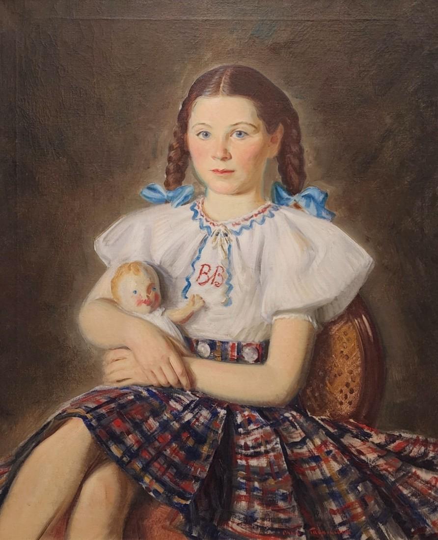 Ritratto di ragazza con bambola, artista di Chicago, ritratto americano - Painting di Paul Trebilcock