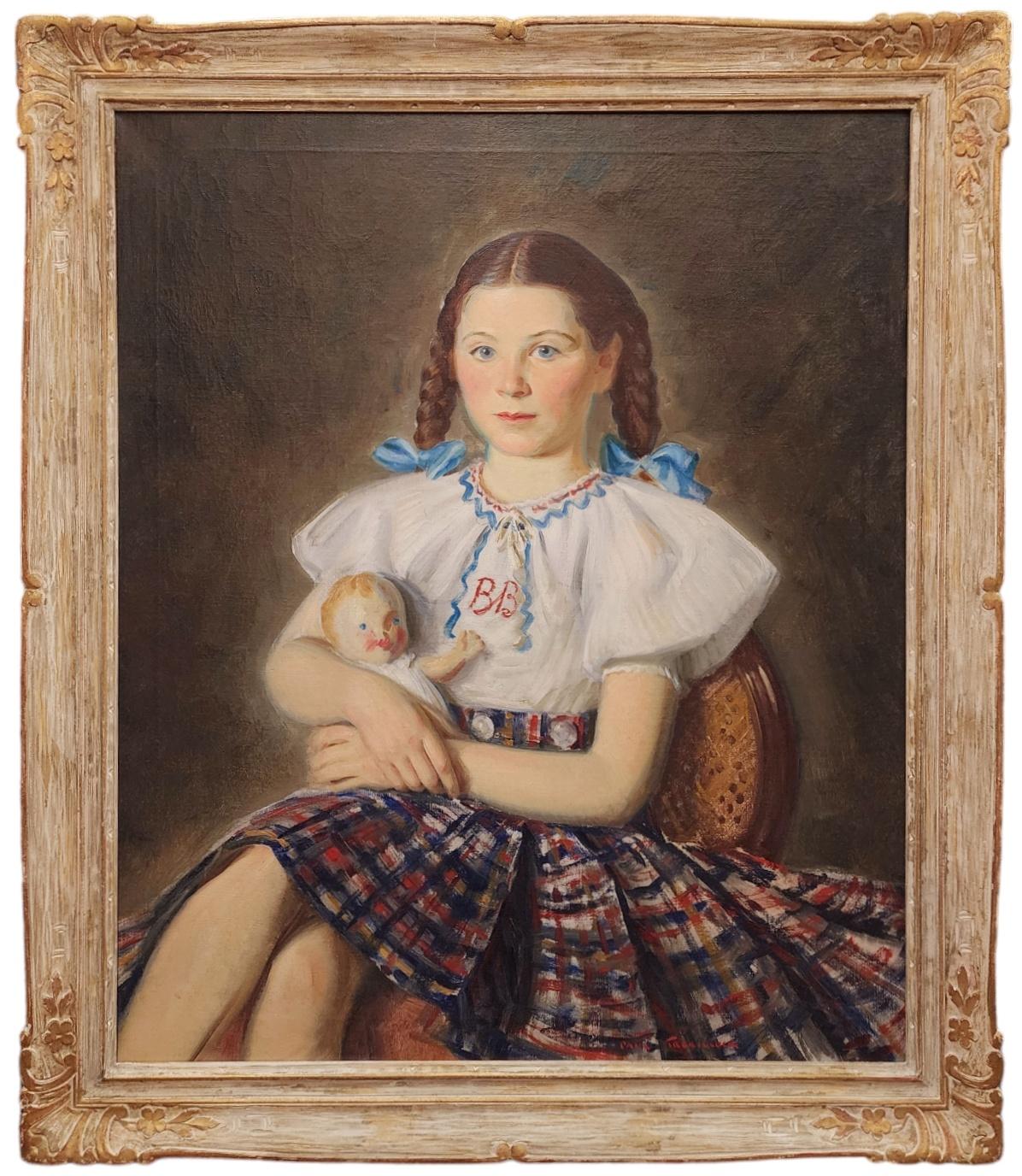 Portrait Painting di Paul Trebilcock - Ritratto di ragazza con bambola, artista di Chicago, ritratto americano