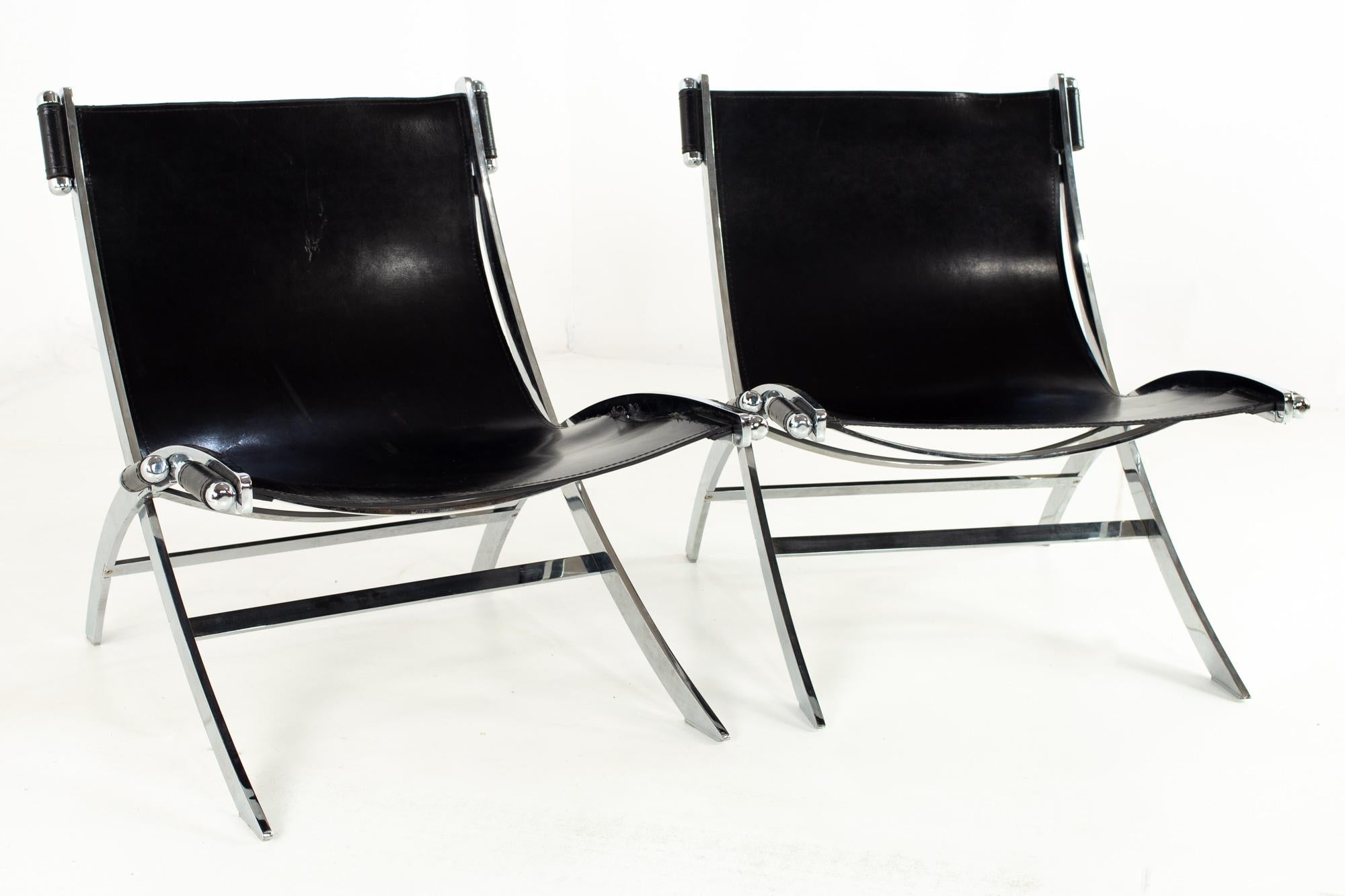 Mid-Century Modern Paul Tuttle for Flexform Midcentury Black Leather and Chrome Lounge Chairs, Pair