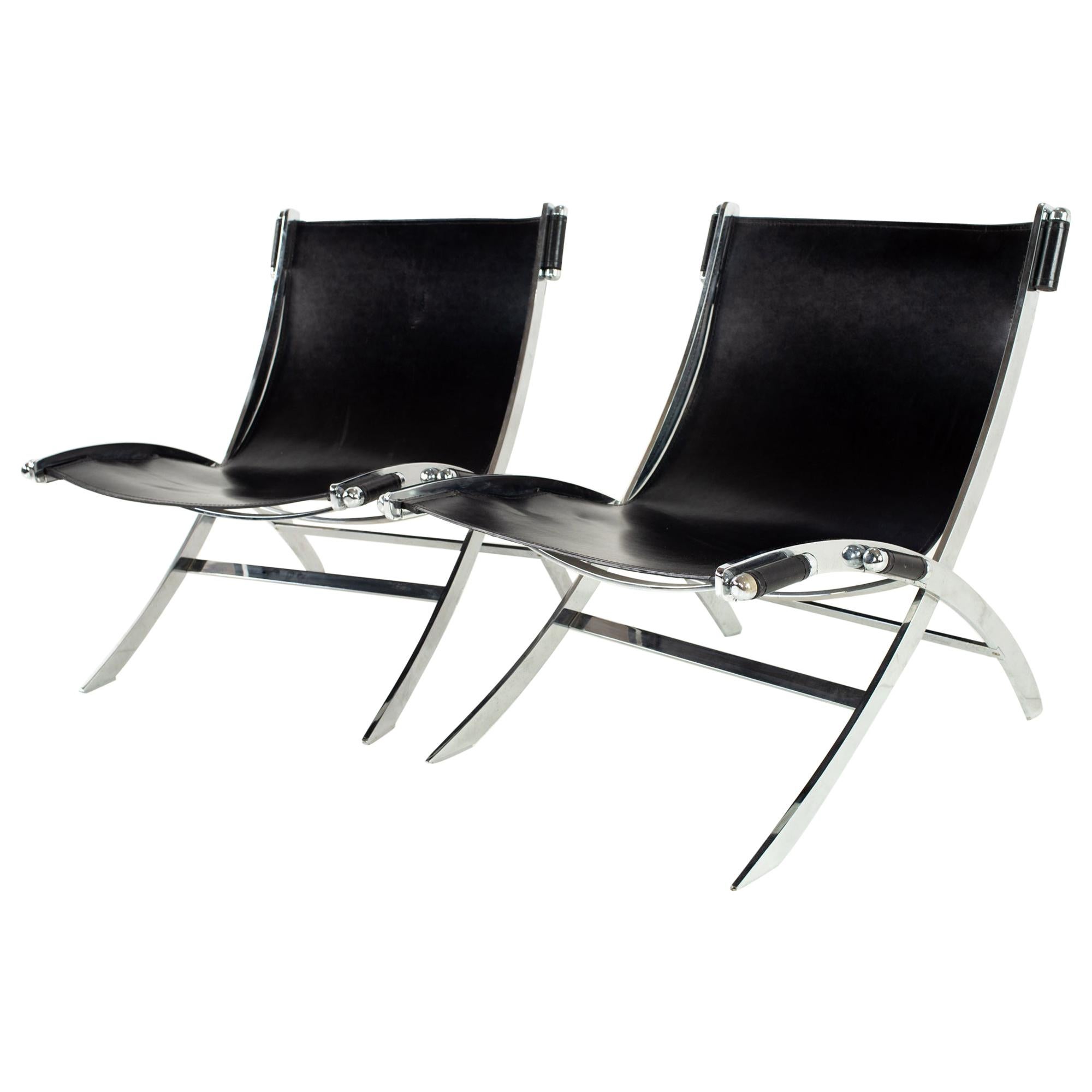 Paul Tuttle for Flexform Midcentury Black Leather and Chrome Lounge Chairs, Pair
