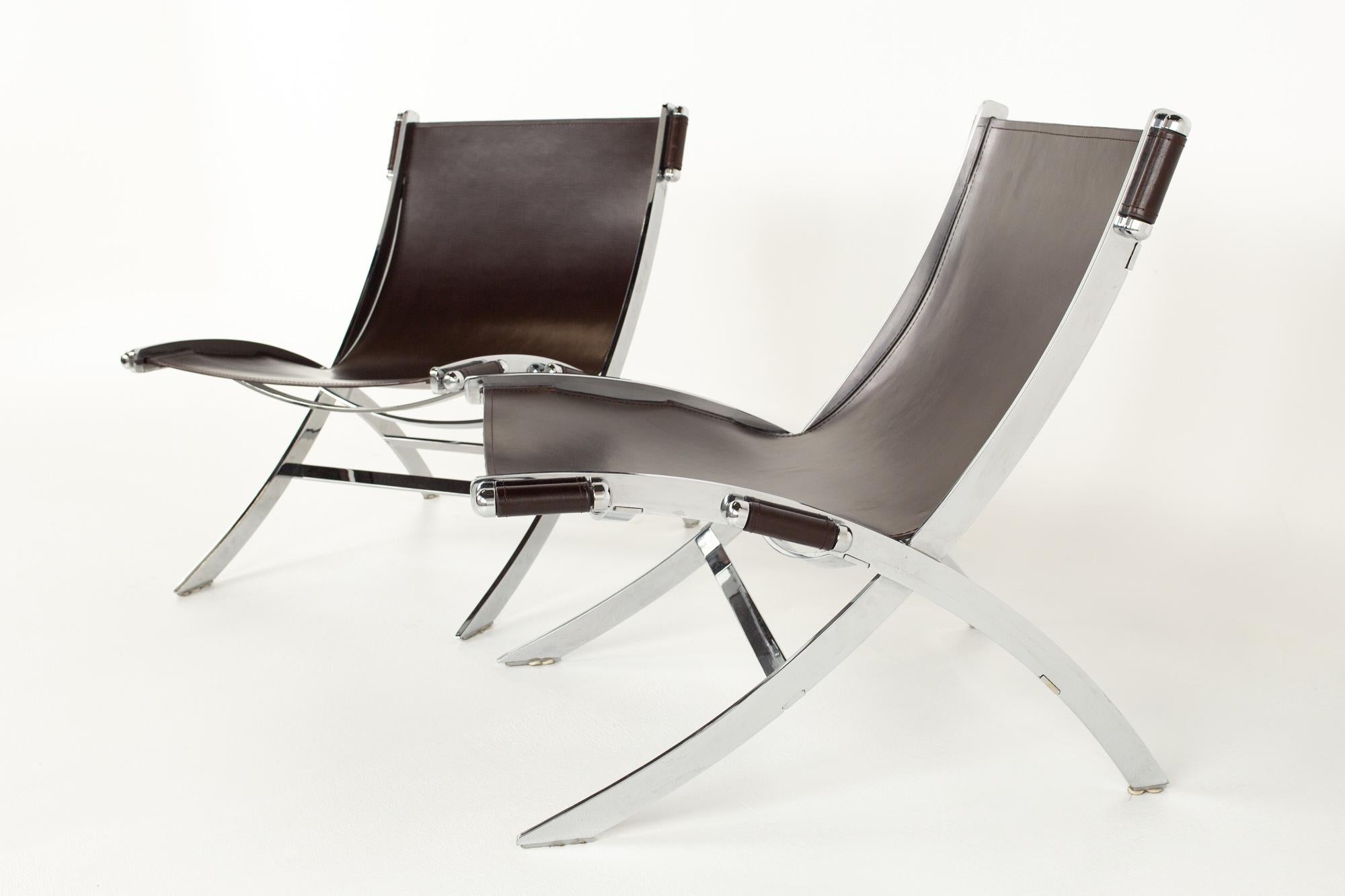 Mid-Century Modern Paul Tuttle for Flexform Style MCM Brown Leather and Chrome Lounge Chair, Pair