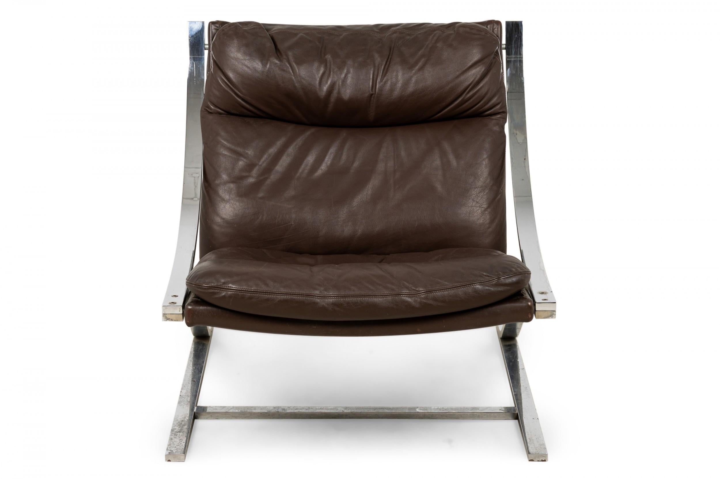 American Mid-Century 'Zeta' form lounge chair with chocolate brown leather upholstery and a polished square tube chrome cantilever base and frame. (PAUL TUTTLE FOR STRASSEL)