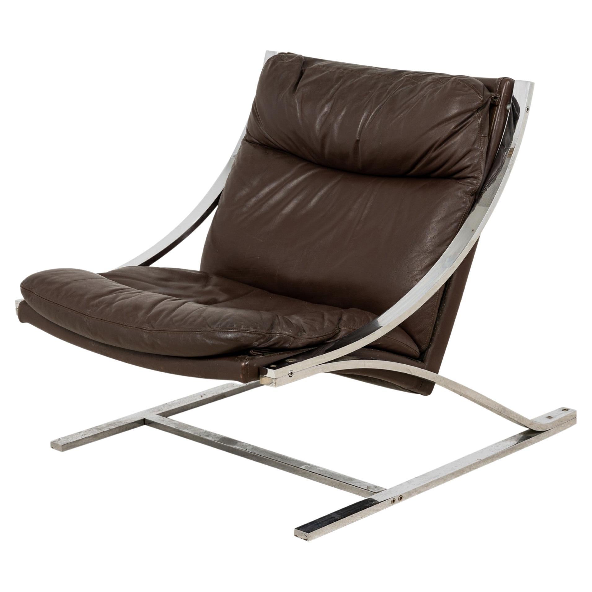 Paul Tuttle for Strassel 'Zeta' Brown Leather Cantilever Chrome Spring Lounge Ch