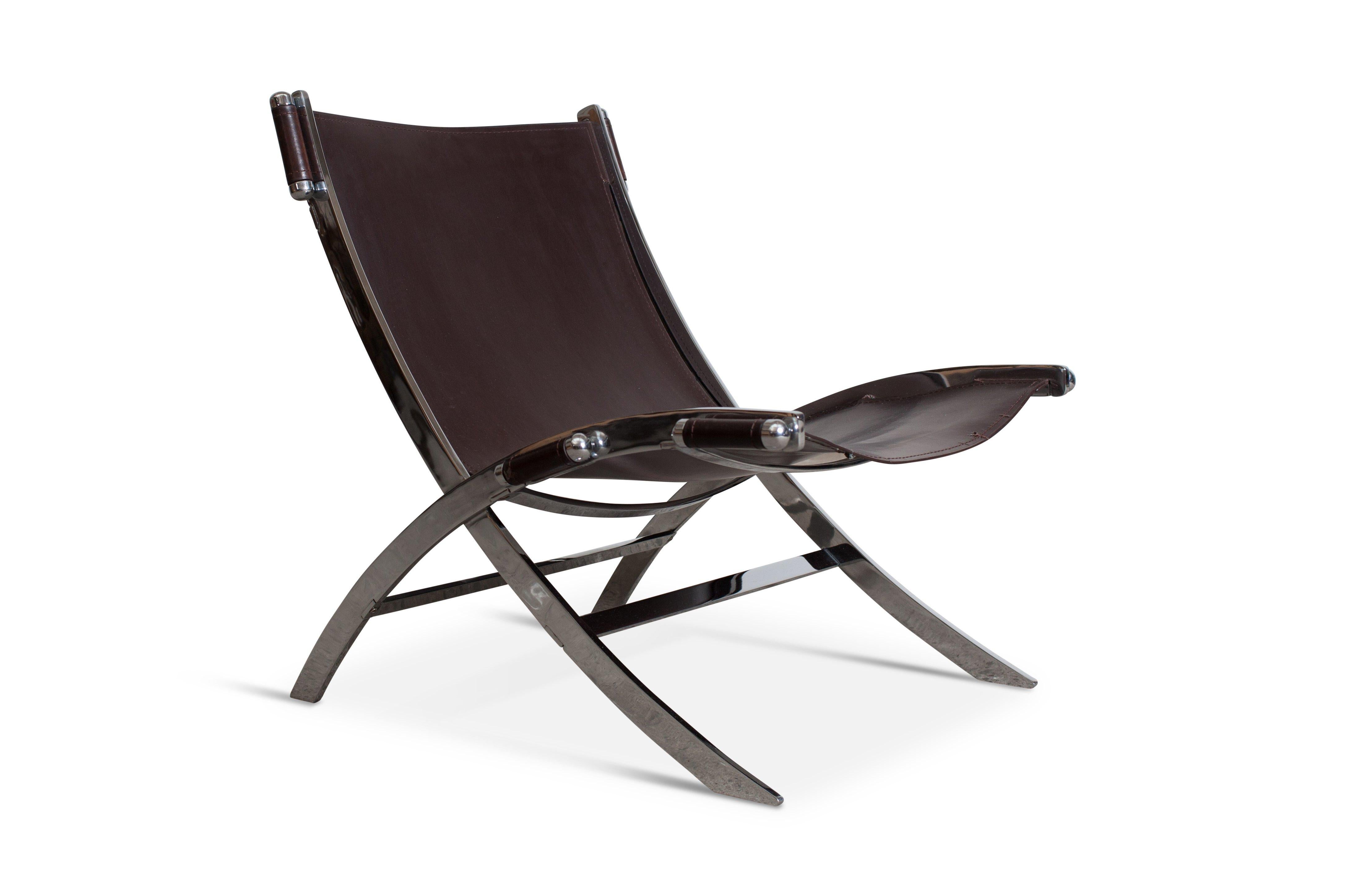 Flexform Scissor lounge chair with a chrome X-shaped frame
and dark brown leather seat, Produced by Flexform, Italy.

The thick brown leather is neatly stretched within the frame, and held in place by six
chrome cylinder shaped capsules.