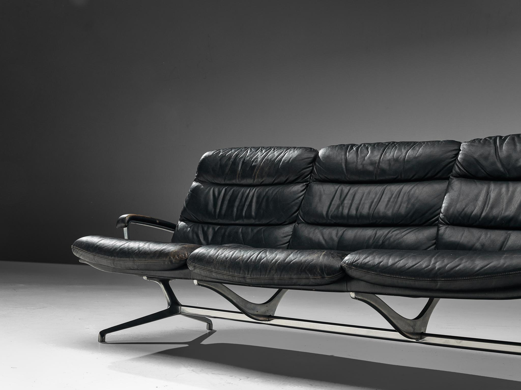 Aluminum Paul Tuttle Sofa in Black Leather