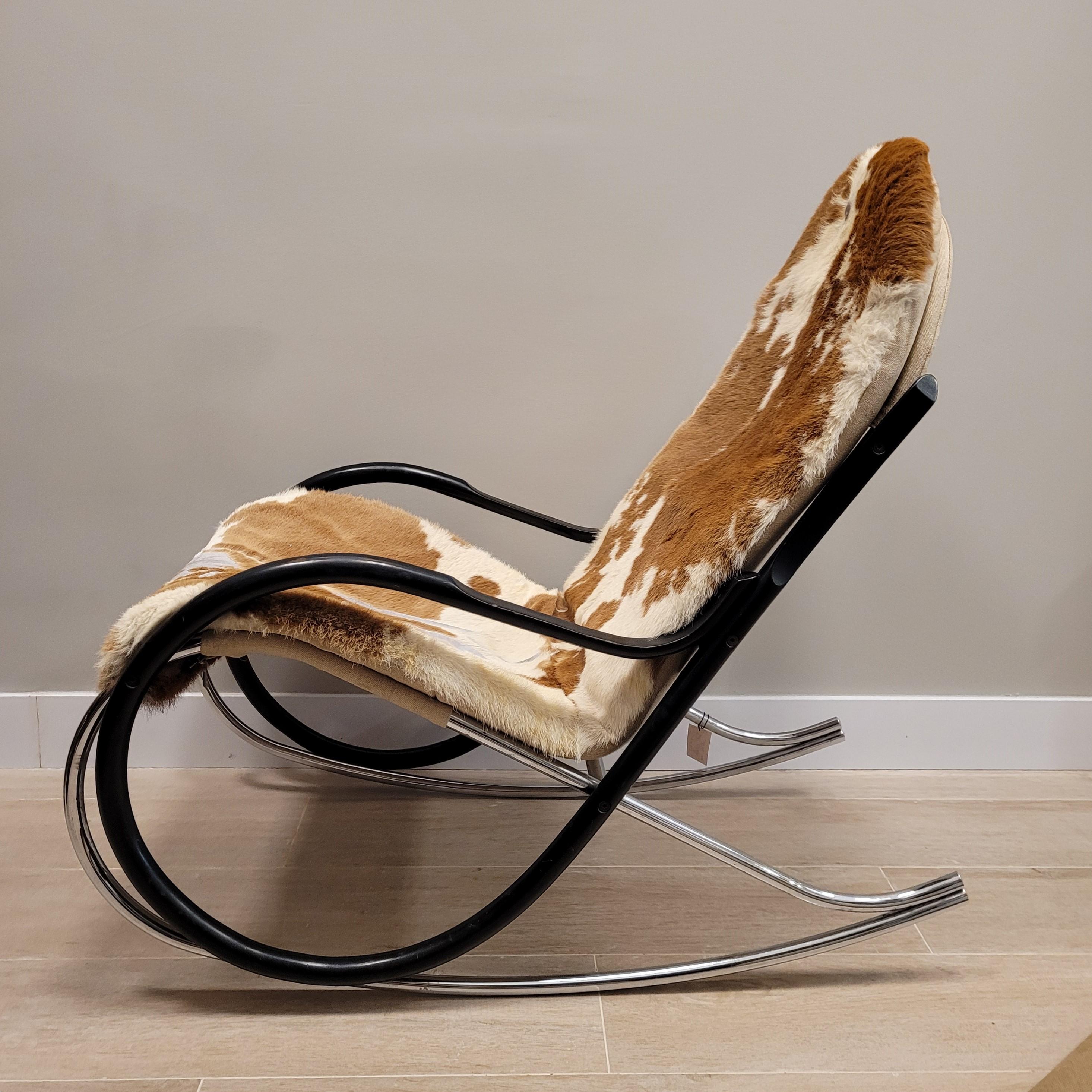 Mid-Century Modern Paul Tuttle Swiss  Rocking chair cowleather steel black wood For Sale
