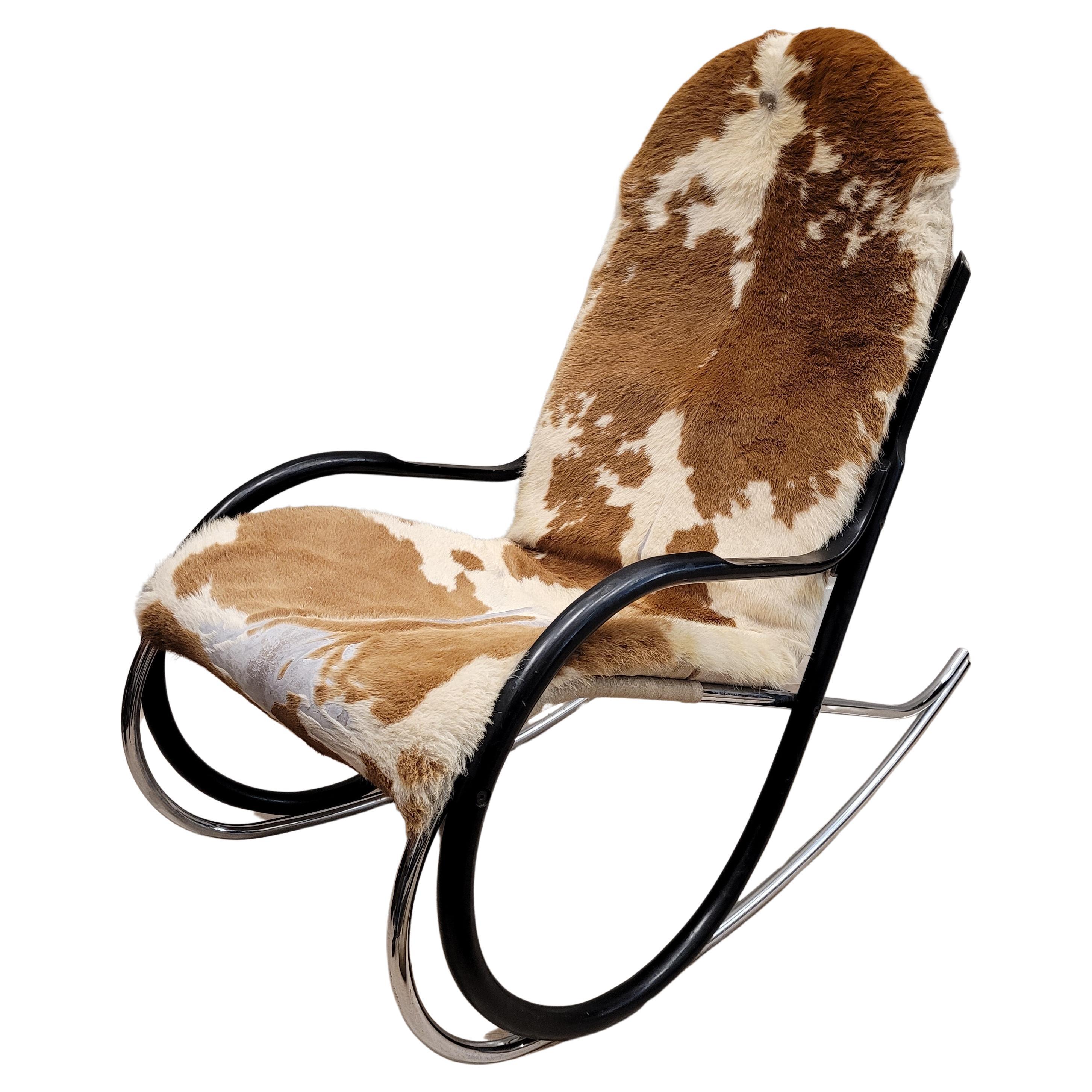 Paul Tuttle Swiss  Rocking chair cowleather steel black wood For Sale
