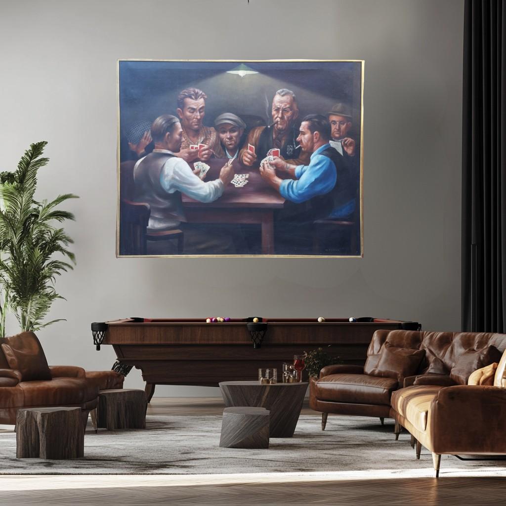 Signed lower right.

Description
 
A socio-political play on the smoky, masculine enclave scene of a card game, seven men from all walks of life appear in a dim room, the table bearing four players brightly lit from above. The players may be read as