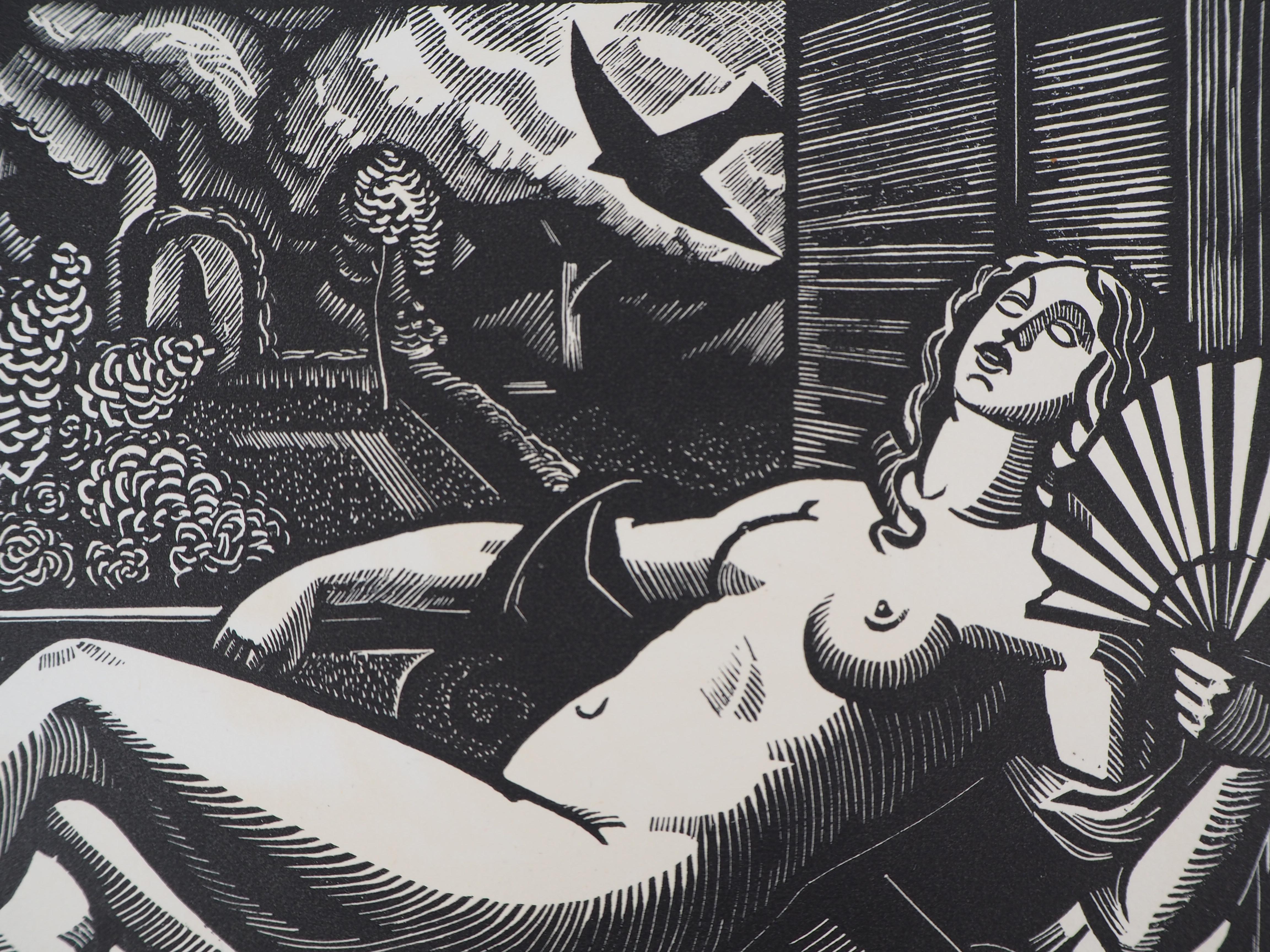 Summer : Nu with a Fan (été : Nu avec un éventail) - Taille sur bois originale, signée à la main - Gris Nude Print par Paul Vera