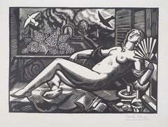 Summer : Nude with a Fan - Original woodcut, Handsigned