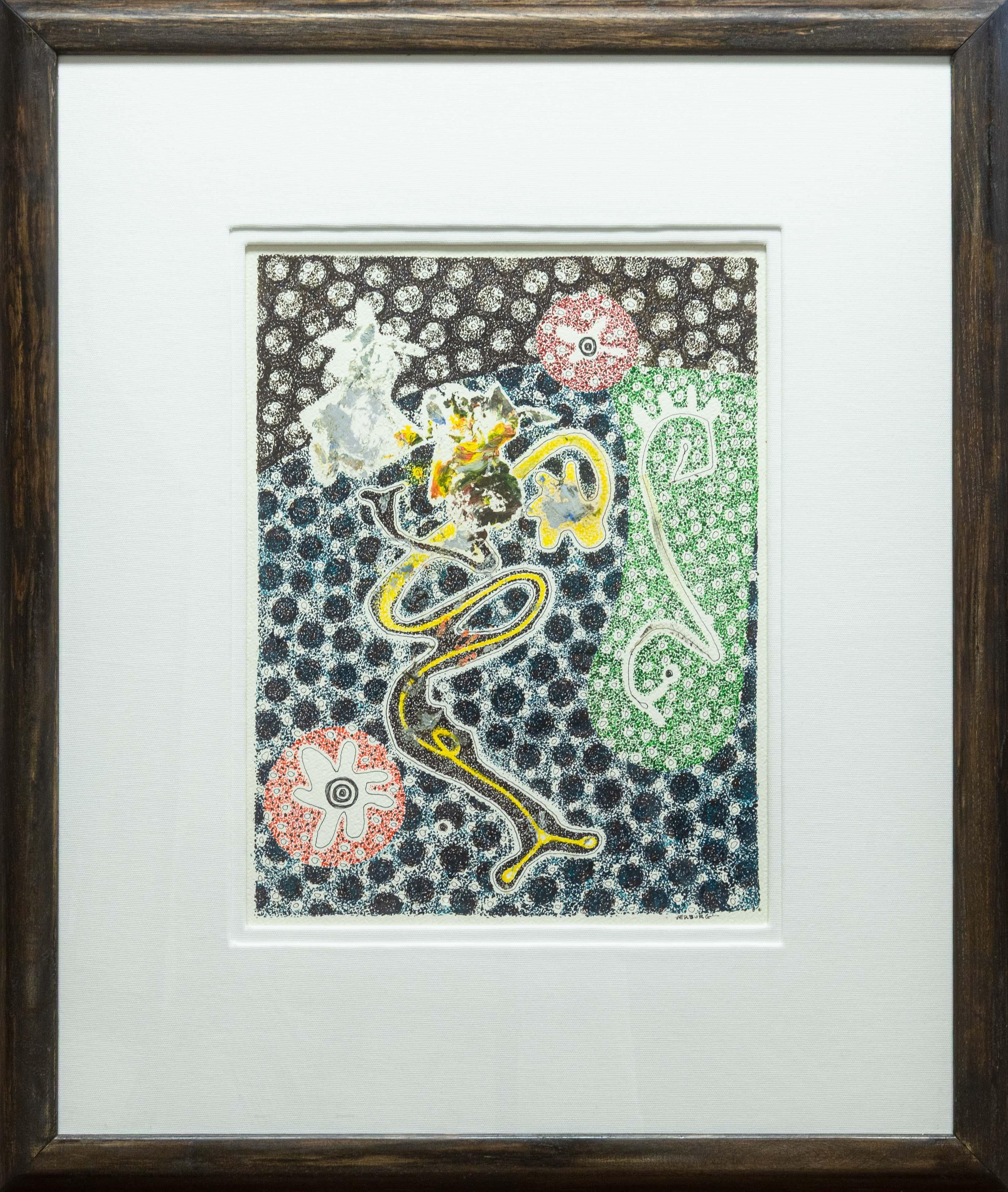A contemporary abstract pen and ink with oil paint 